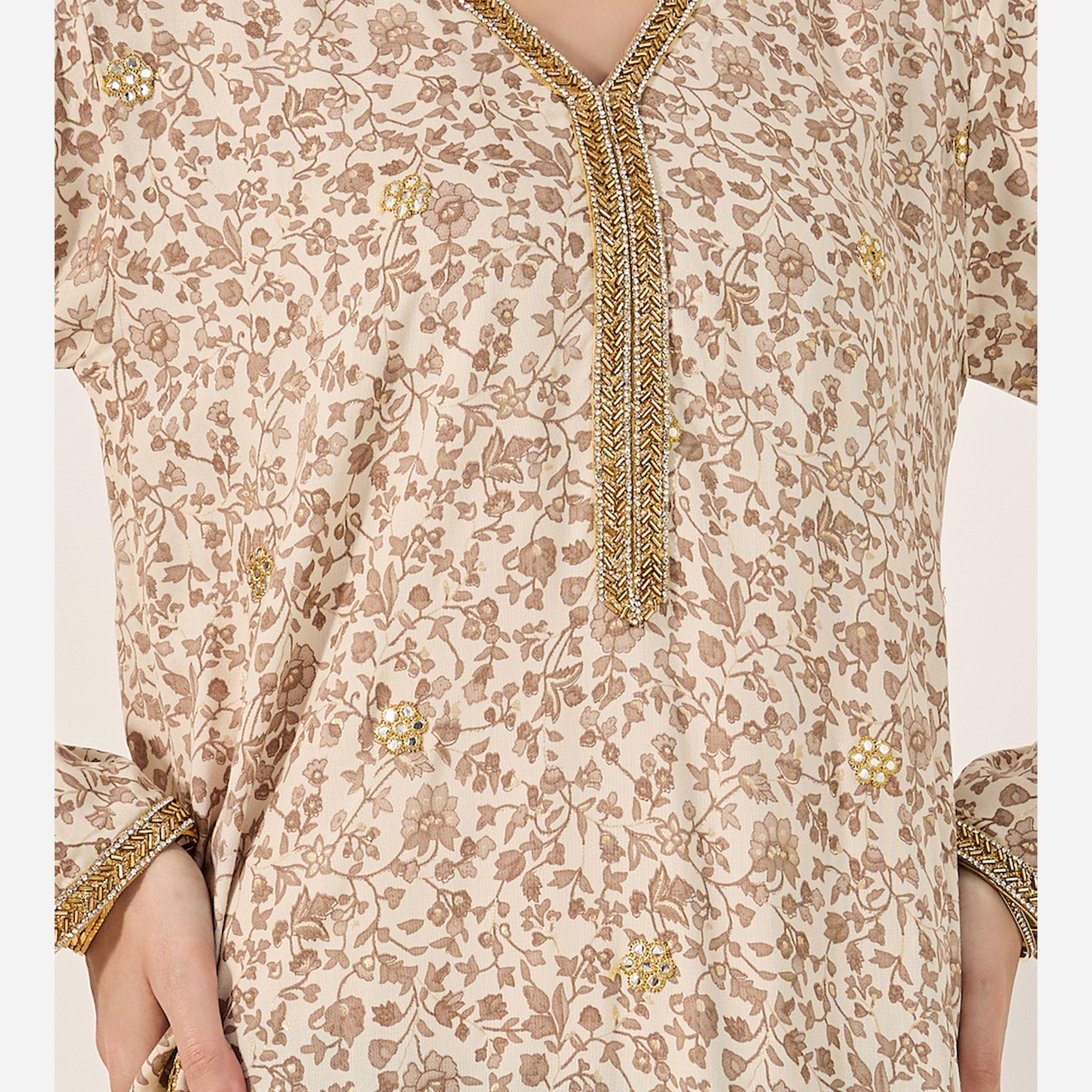 Styli All Over Print Jalabiya With All Ocer Gold Embroidery And Gold Lace Trims At Neck And Sleeve Hem-women-arabicclothing-jalabiyas-image-4