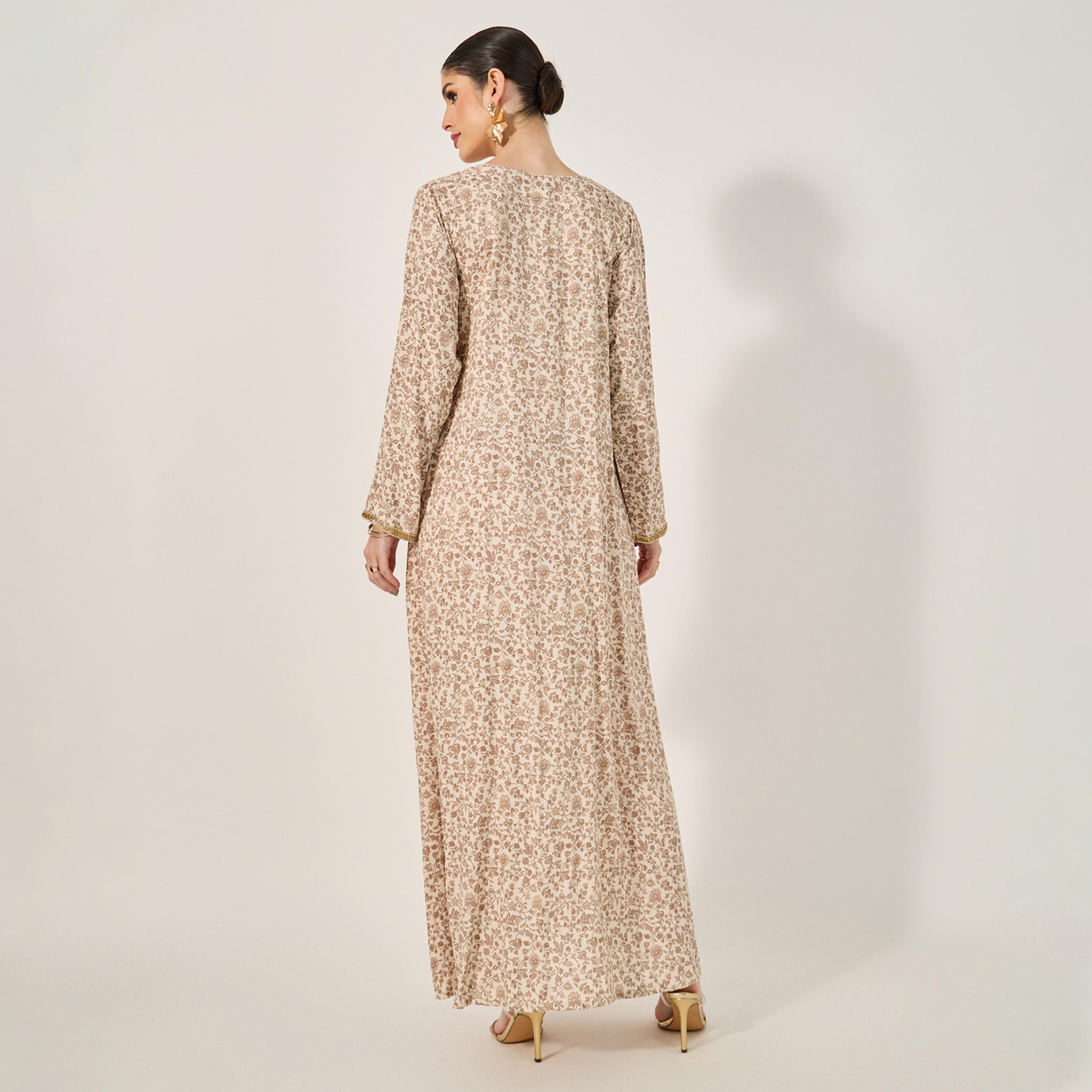 Styli All Over Print Jalabiya With All Ocer Gold Embroidery And Gold Lace Trims At Neck And Sleeve Hem-women-arabicclothing-jalabiyas-image-5