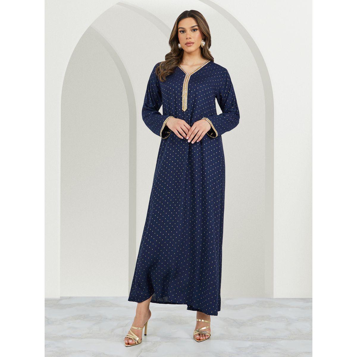 جلابية جاكار برقبة على شكل حرف V مع تفاصيل من الدانتيل-women-arabicclothing-jalabiyas-image-1