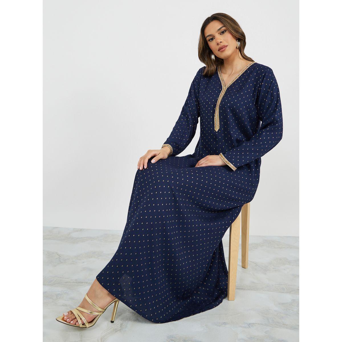 Jacquard V-Neck Jalabiya with Lace Trim Detail-women-arabicclothing-jalabiyas-image-2
