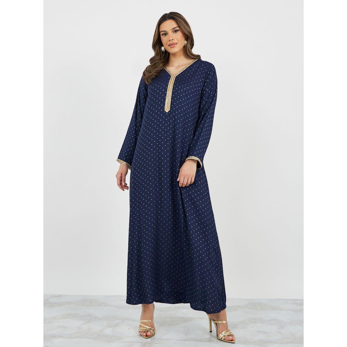 Jacquard V-Neck Jalabiya with Lace Trim Detail-women-arabicclothing-jalabiyas-image-3