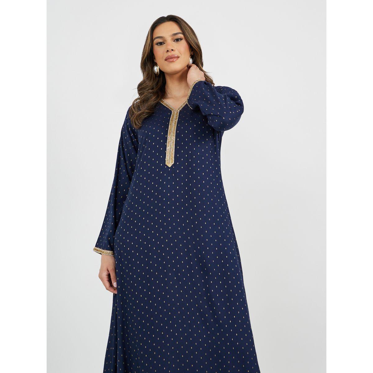 جلابية جاكار برقبة على شكل حرف V مع تفاصيل من الدانتيل-women-arabicclothing-jalabiyas-image-4
