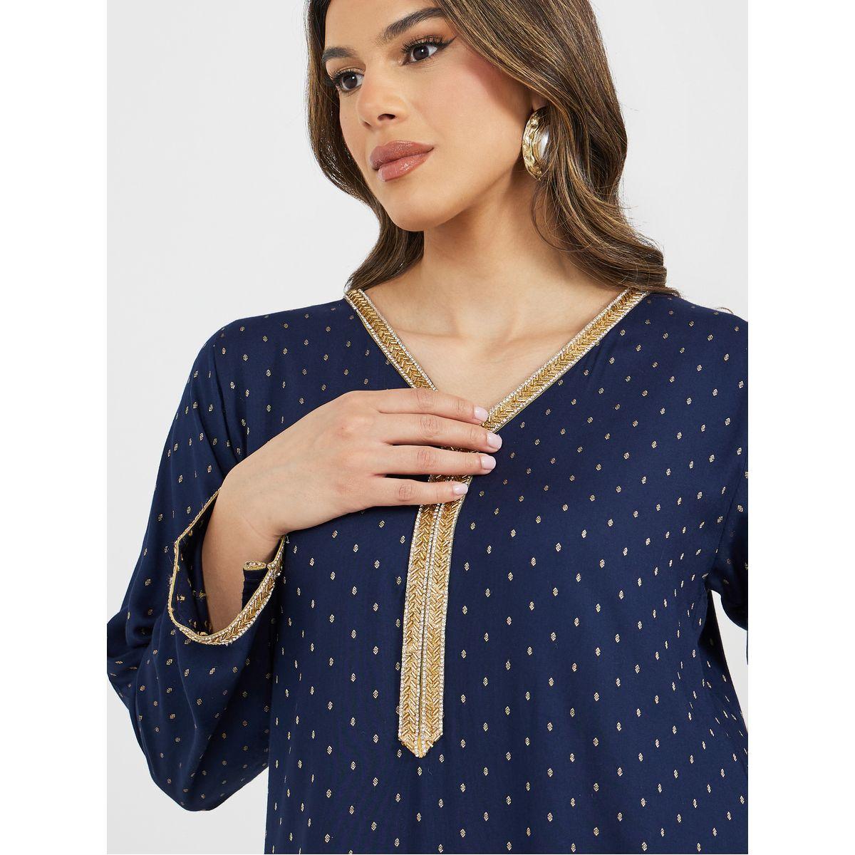 جلابية جاكار برقبة على شكل حرف V مع تفاصيل من الدانتيل-women-arabicclothing-jalabiyas-image-5