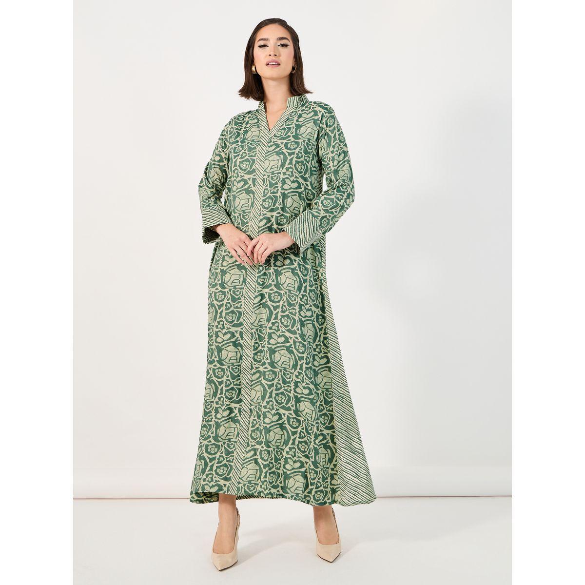 All-Over Print Stand Collar A-Line Jalabiya-women-arabicclothing-jalabiyas-image-1