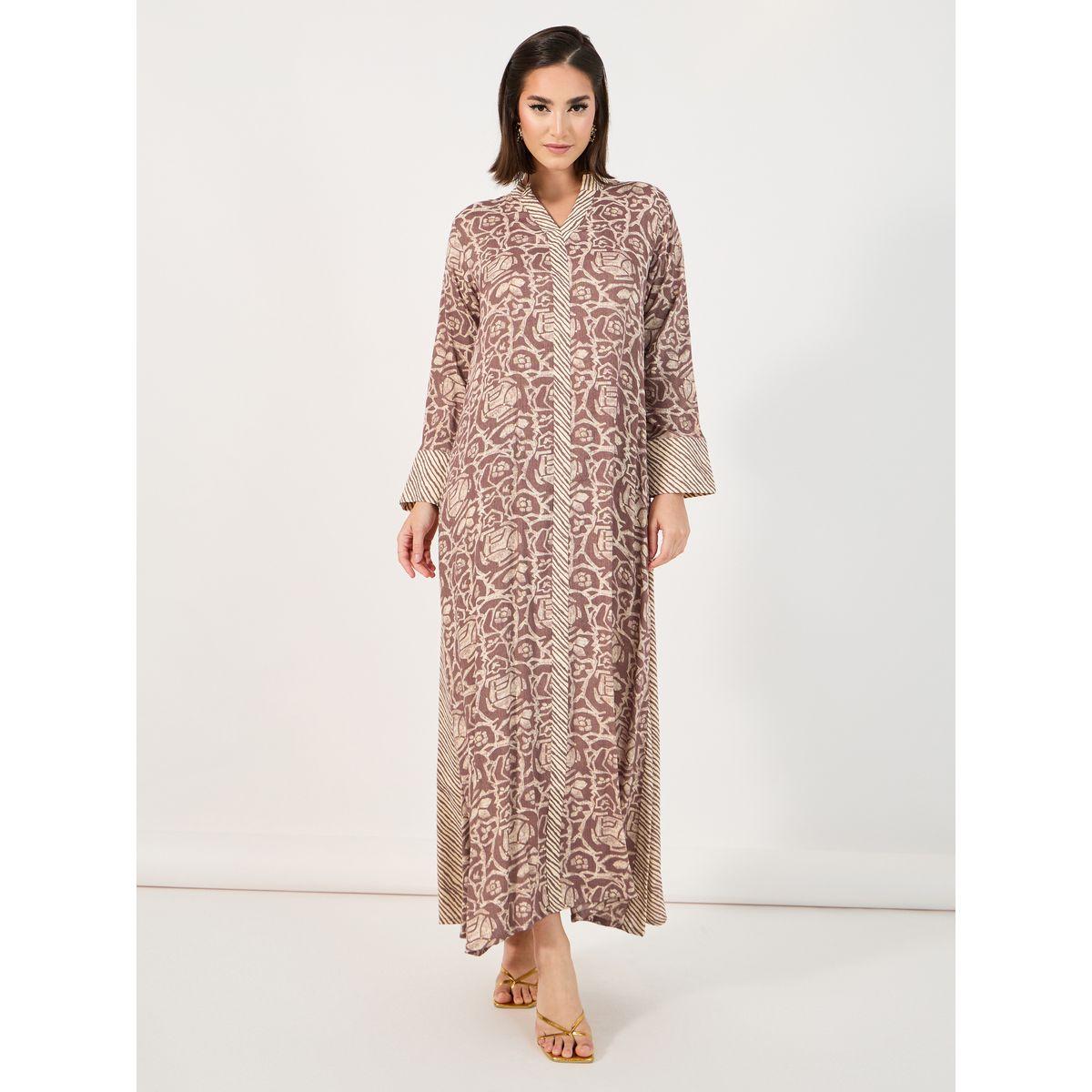 All-Over Print Stand Collar A-Line Jalabiya-women-arabicclothing-jalabiyas-image-1