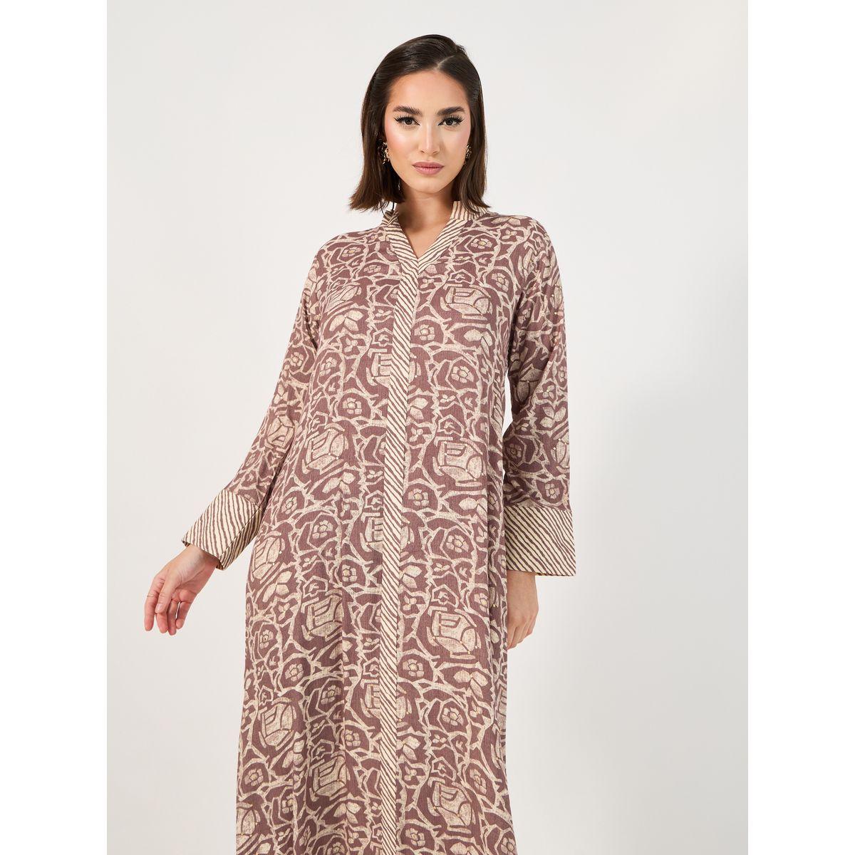 All-Over Print Stand Collar A-Line Jalabiya-women-arabicclothing-jalabiyas-image-2