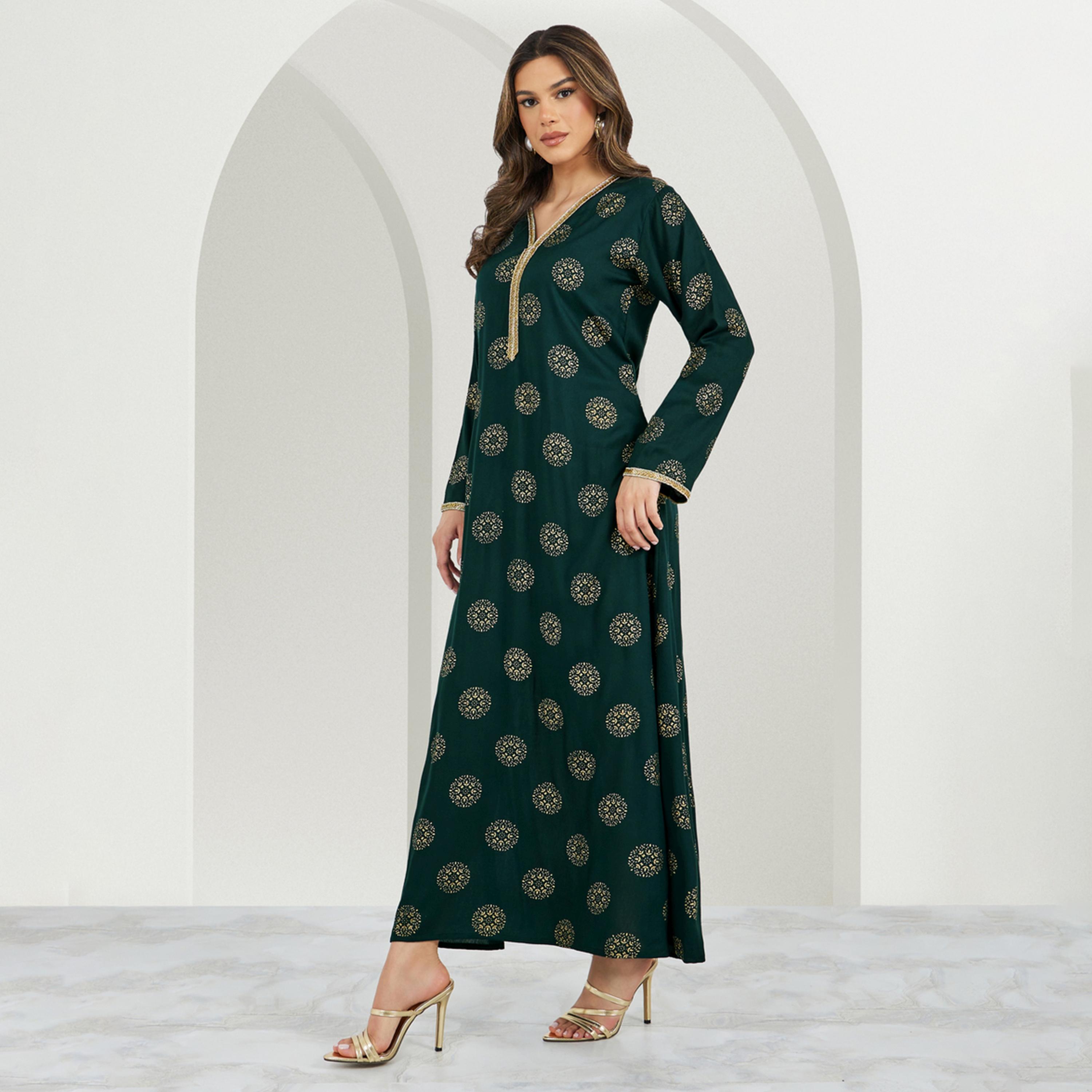 ستايلي - جلابية مطبوعة بالكامل مع تفاصيل دانتيل ورقبة على شكل V وقصّة A-women-arabicclothing-jalabiyas-image-1