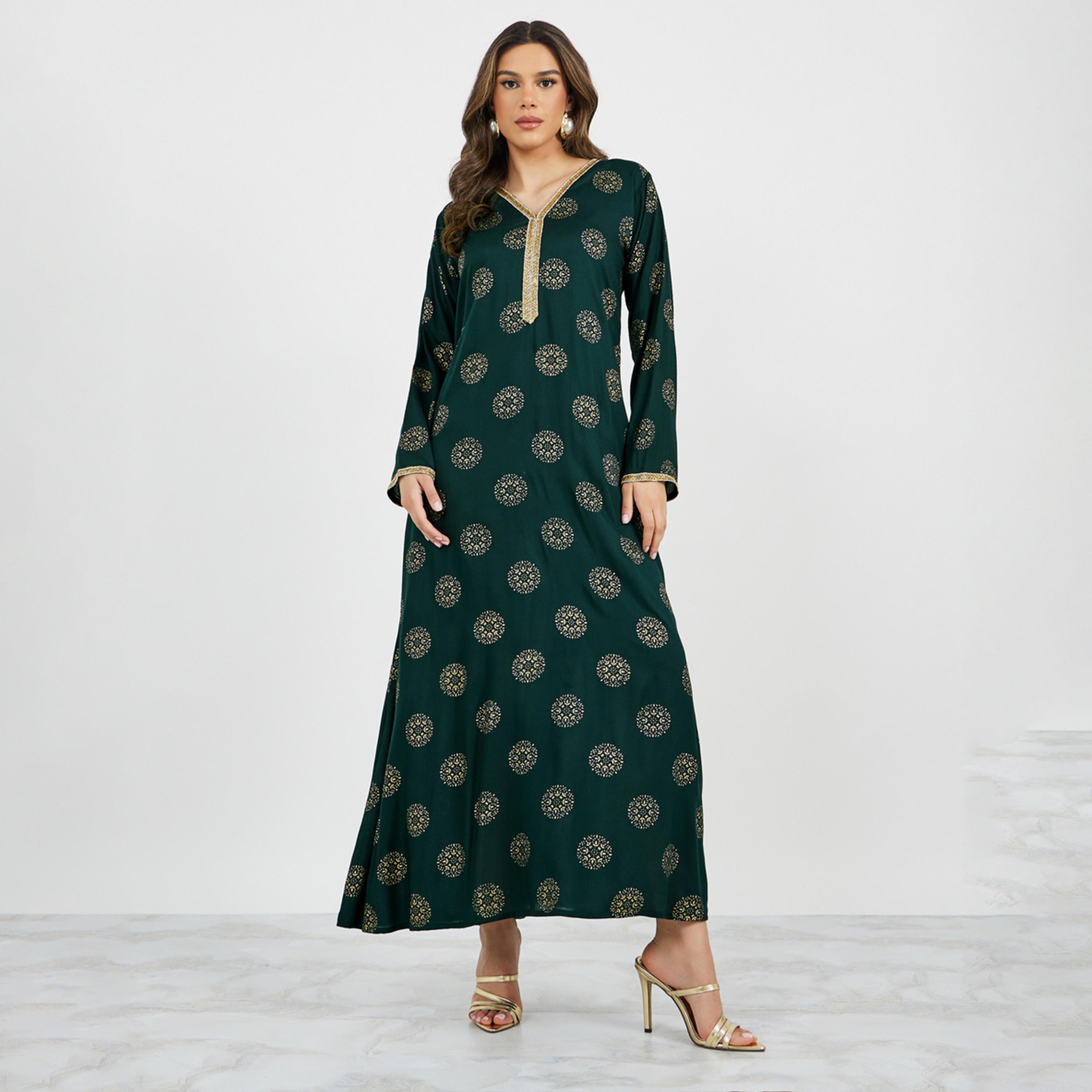 ستايلي - جلابية مطبوعة بالكامل مع تفاصيل دانتيل ورقبة على شكل V وقصّة A-women-arabicclothing-jalabiyas-image-2