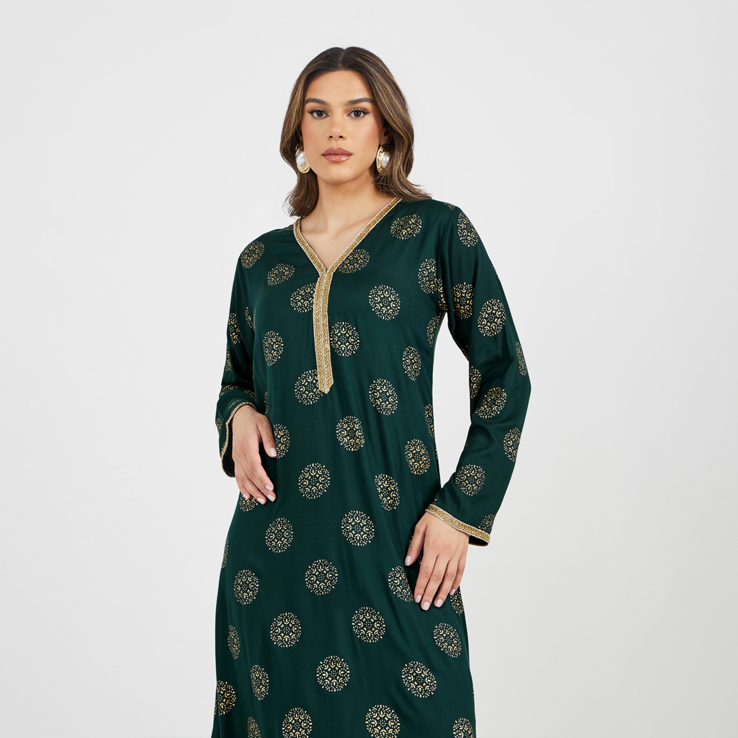 ستايلي - جلابية مطبوعة بالكامل مع تفاصيل دانتيل ورقبة على شكل V وقصّة A-women-arabicclothing-jalabiyas-image-3