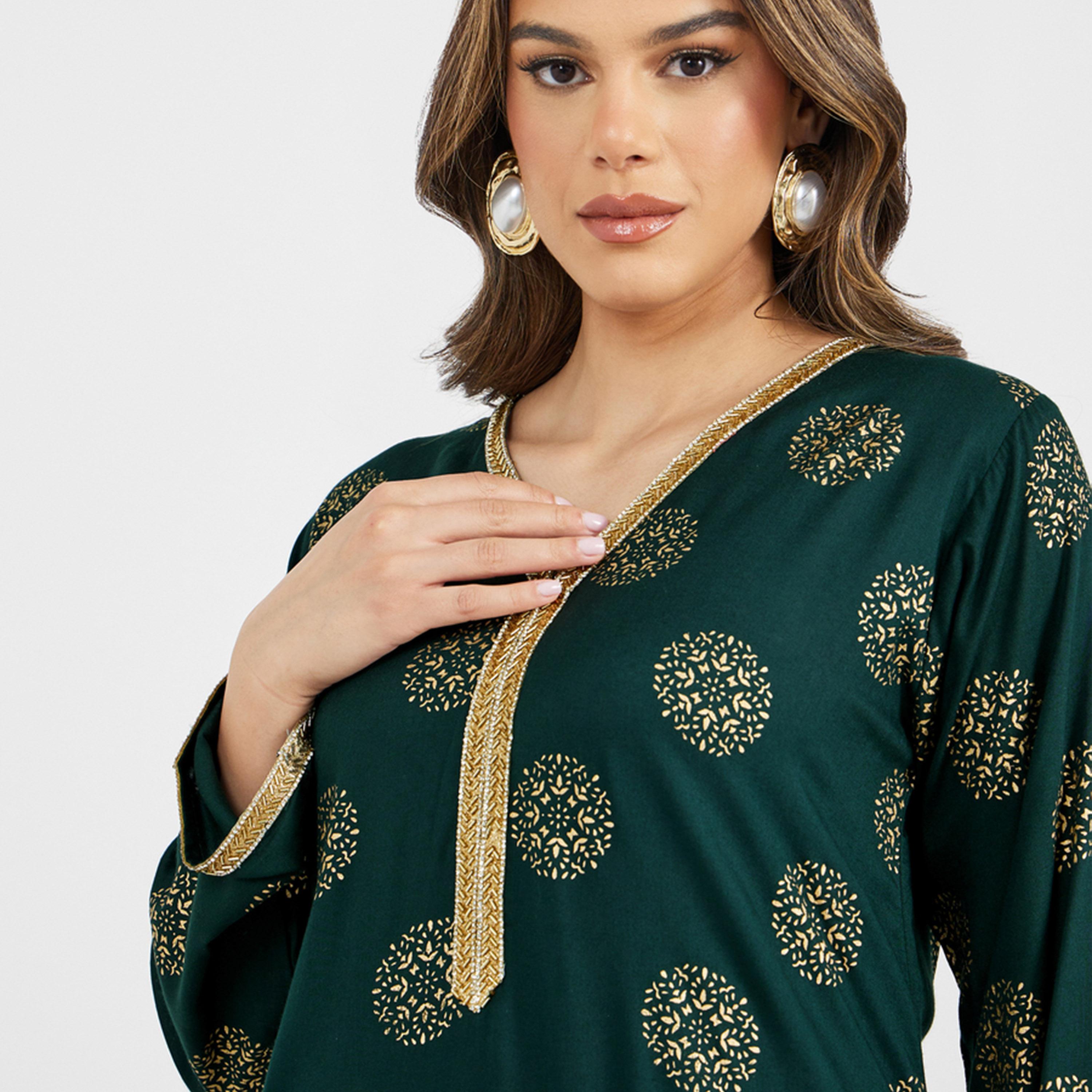 ستايلي - جلابية مطبوعة بالكامل مع تفاصيل دانتيل ورقبة على شكل V وقصّة A-women-arabicclothing-jalabiyas-image-4
