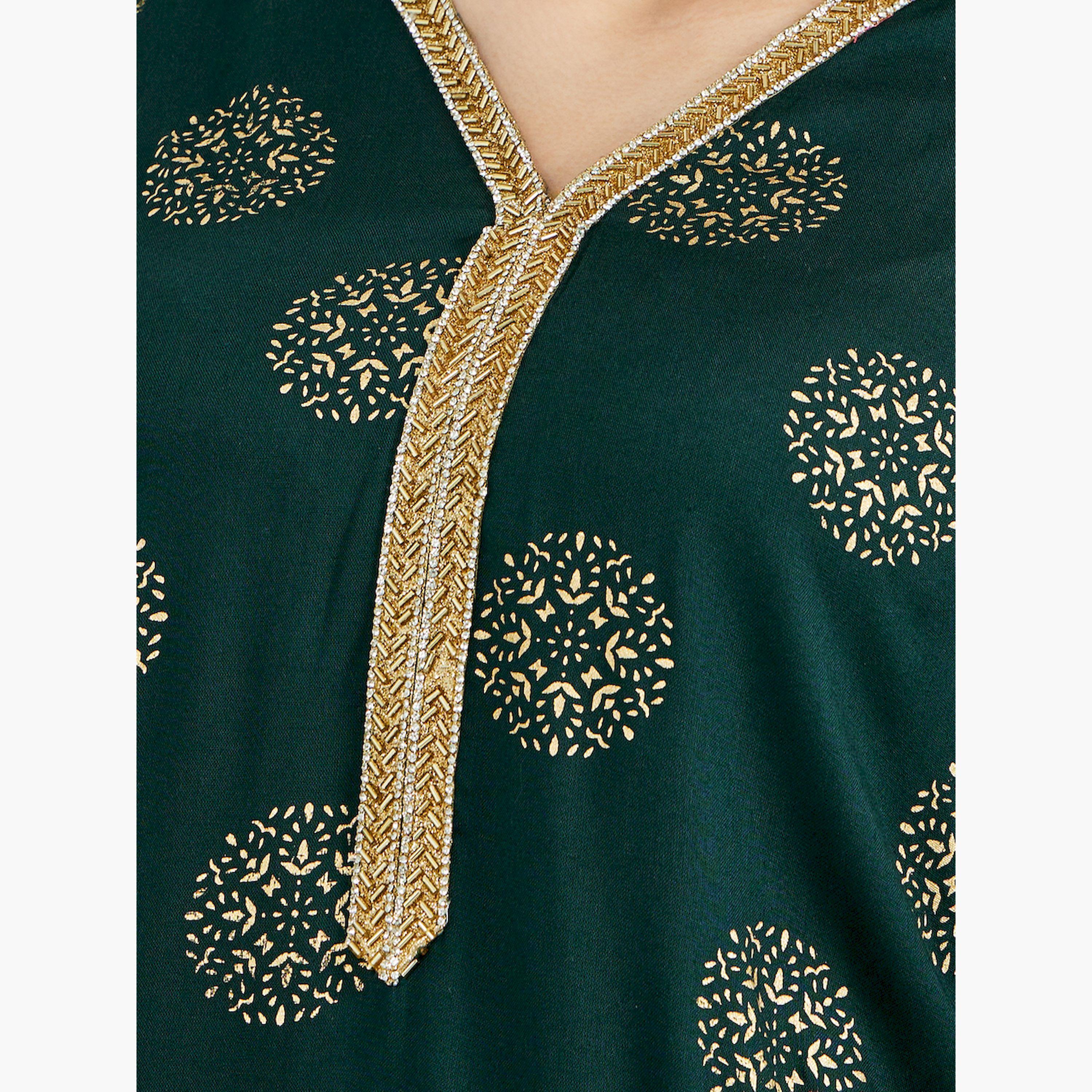 Styli All-Over Print Lace Detail V-Neck A-Line Jalabiya-women-arabicclothing-jalabiyas-image-5