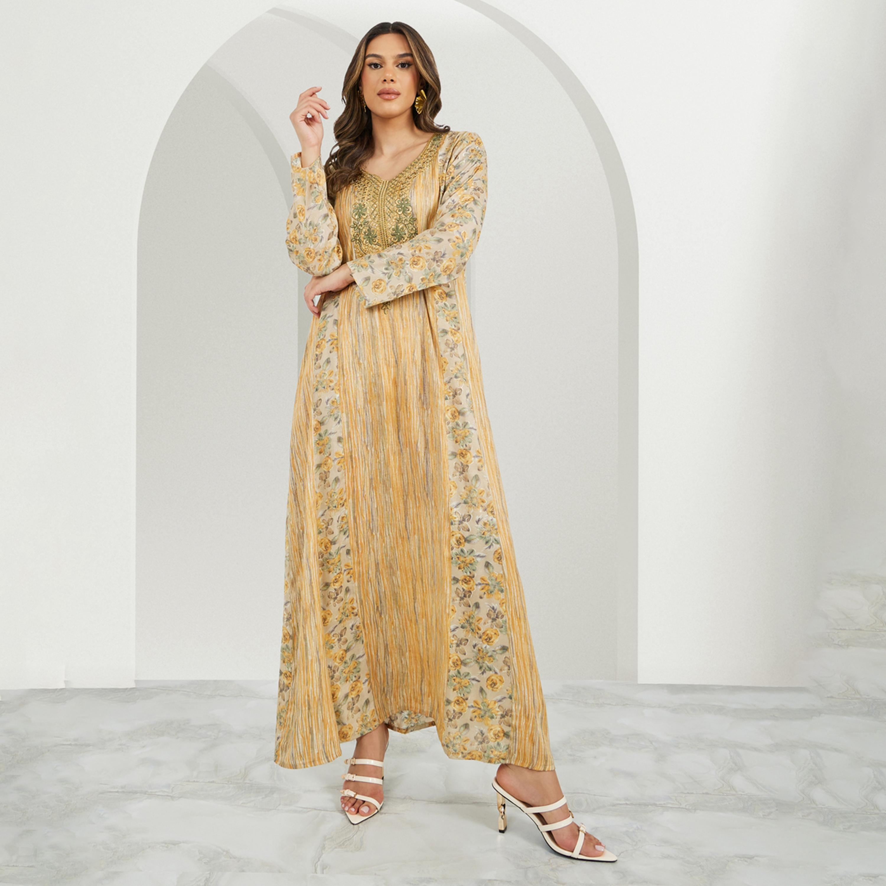 Styli Floral Print Lace Insert V-Neck A-Line Jalabiya-women-arabicclothing-jalabiyas-image-1