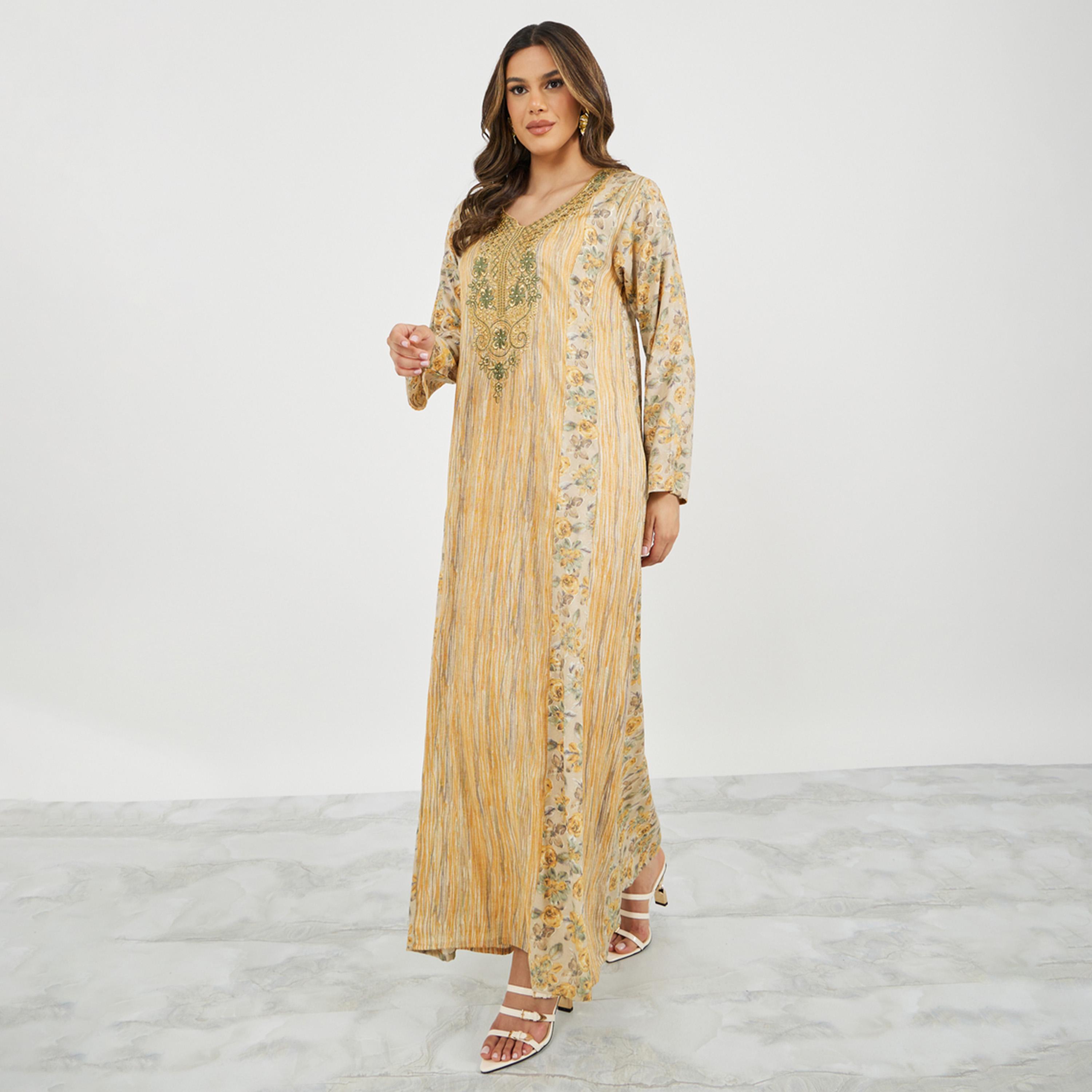 Styli Floral Print Lace Insert V-Neck A-Line Jalabiya-women-arabicclothing-jalabiyas-image-2