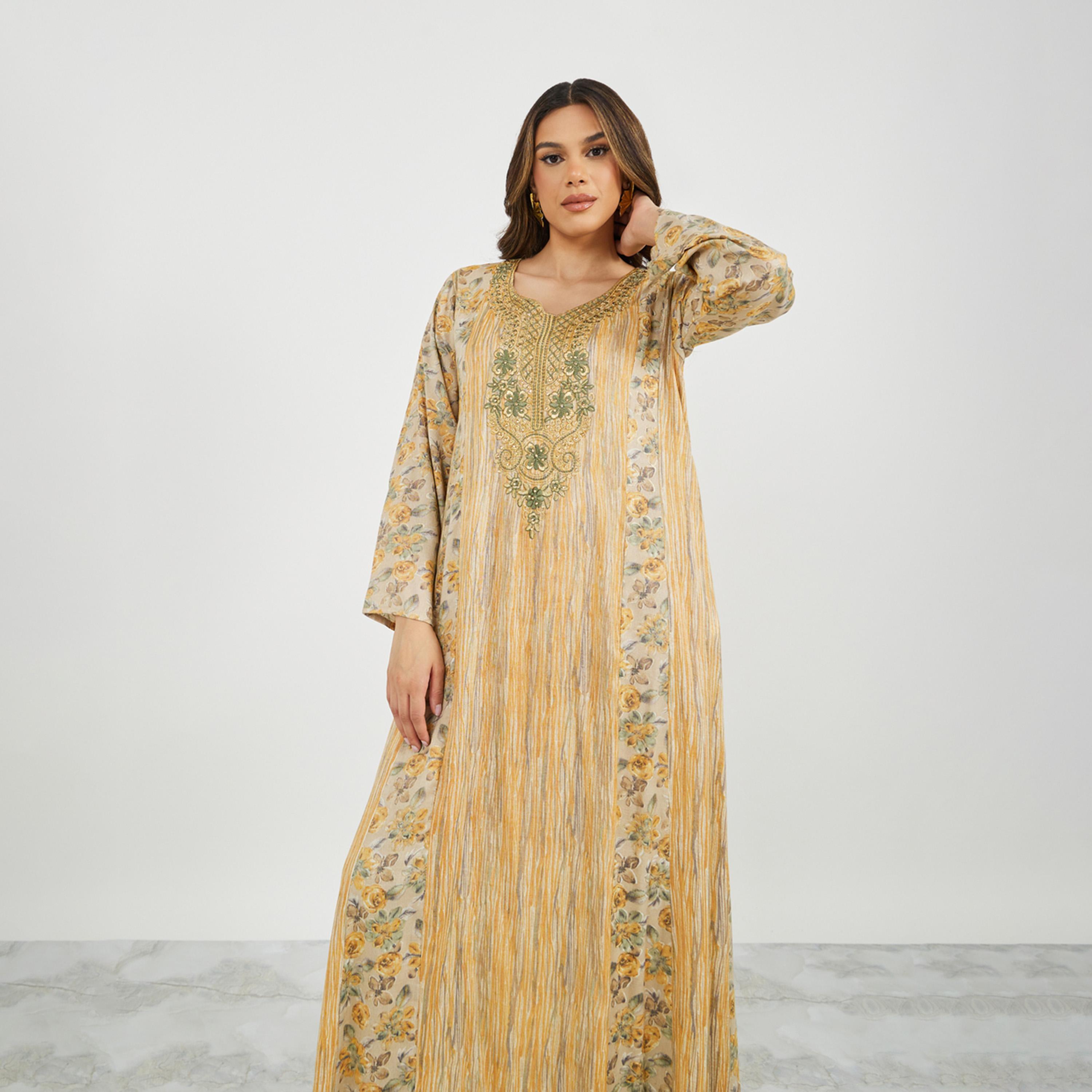 Styli Floral Print Lace Insert V-Neck A-Line Jalabiya-women-arabicclothing-jalabiyas-image-3