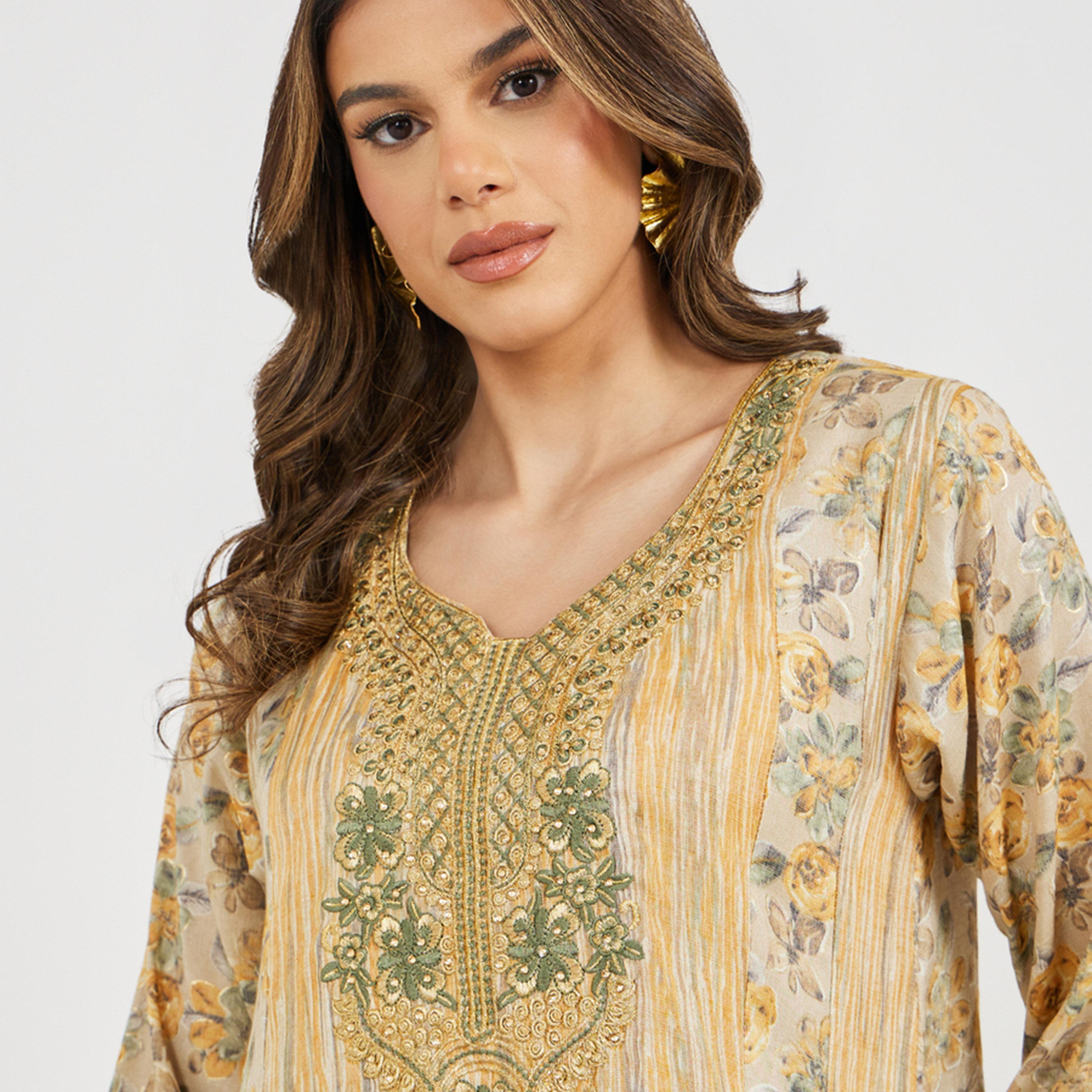 Styli Floral Print Lace Insert V-Neck A-Line Jalabiya-women-arabicclothing-jalabiyas-image-4