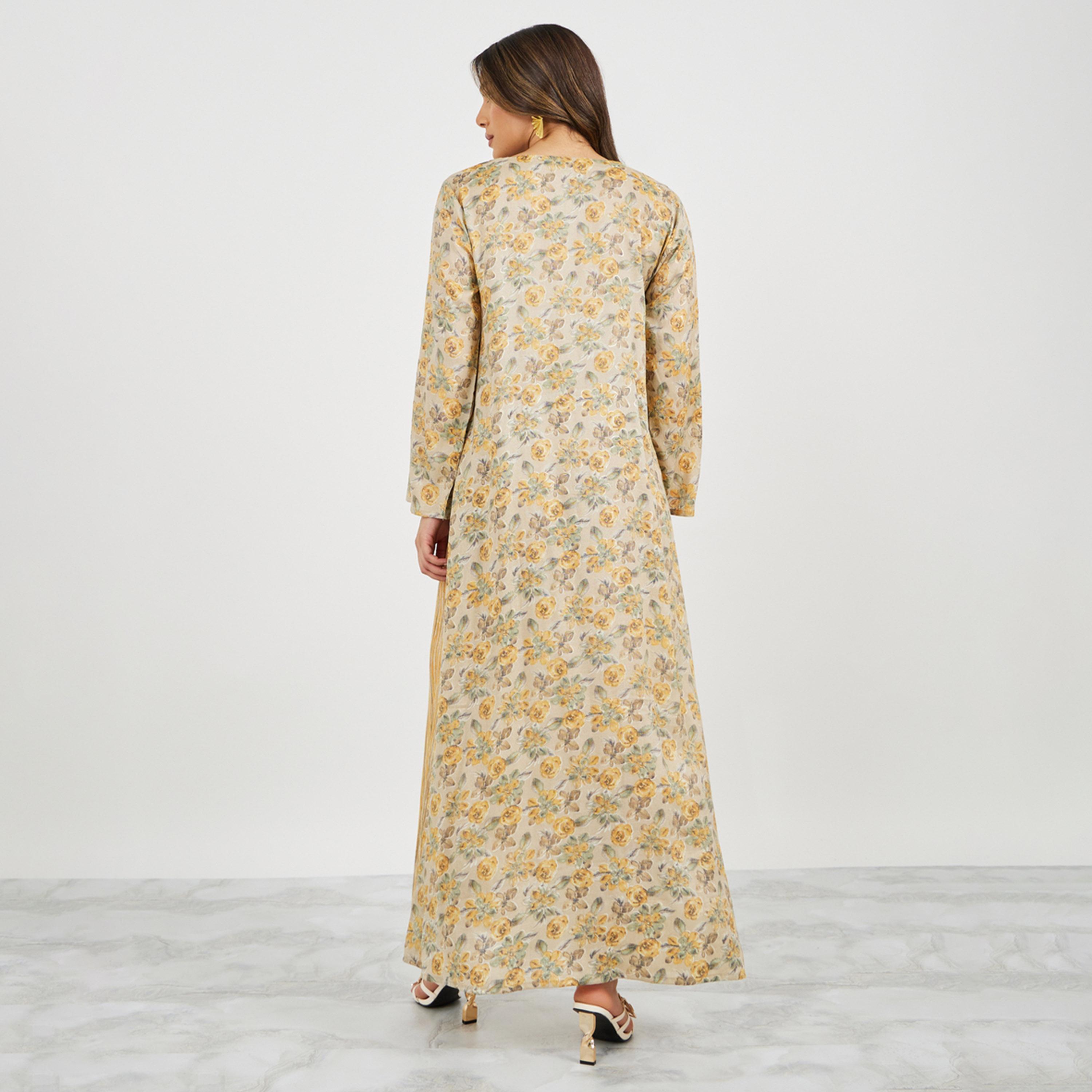ستايلي - جلابية بطبعة زهور وأجزاء دانتيل ورقبة على شكل V-women-arabicclothing-jalabiyas-image-6