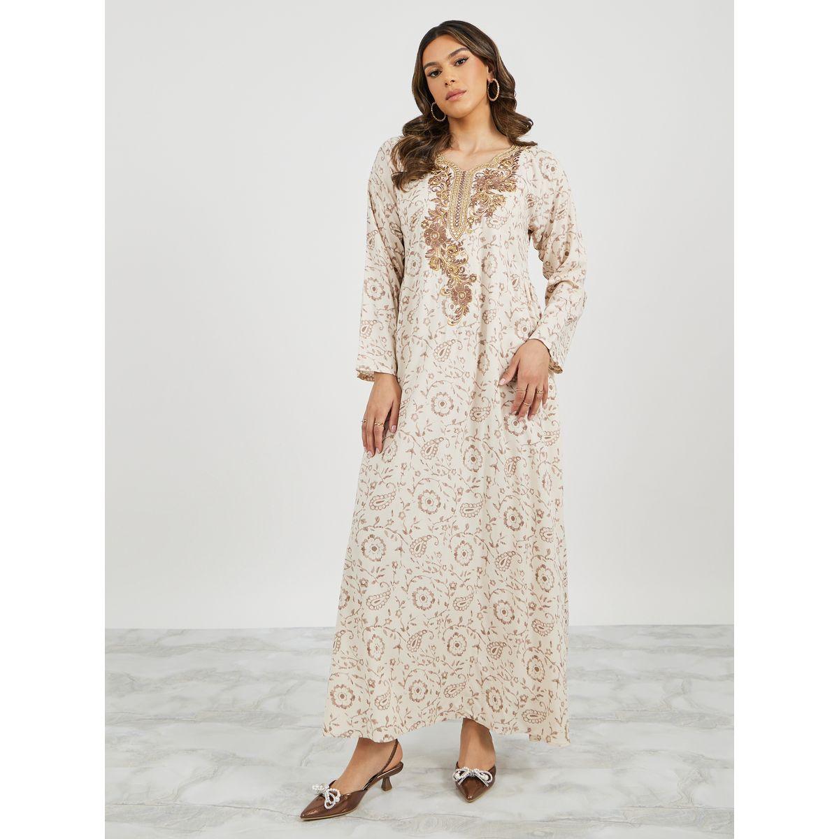 All-Over Print Embroidered Neck Detail A-Line Jalabiya-women-arabicclothing-jalabiyas-image-3