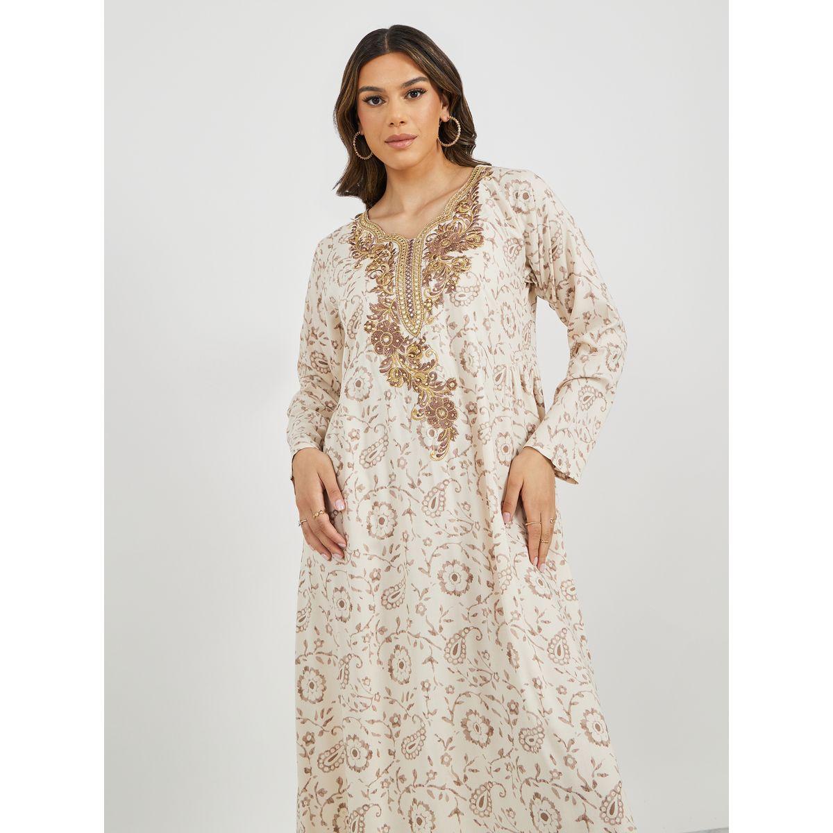 All-Over Print Embroidered Neck Detail A-Line Jalabiya-women-arabicclothing-jalabiyas-image-4