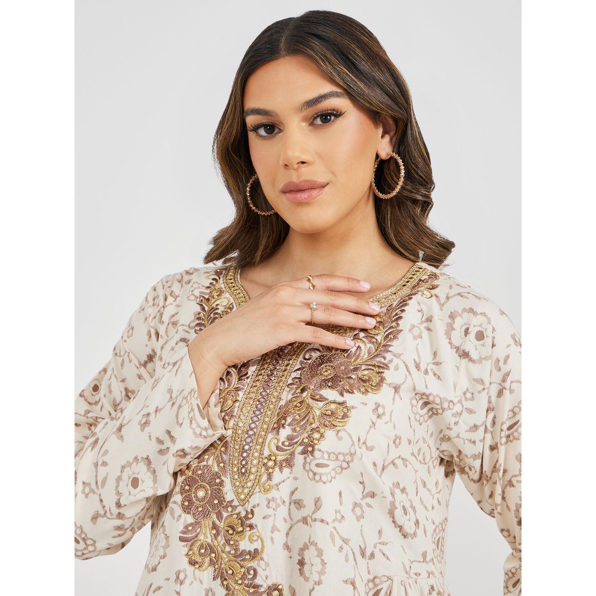 All-Over Print Embroidered Neck Detail A-Line Jalabiya-women-arabicclothing-jalabiyas-image-5