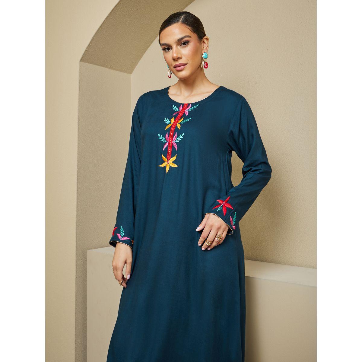 Embroidered Round Neck A-Line Jalabiya-women-arabicclothing-jalabiyas-image-3