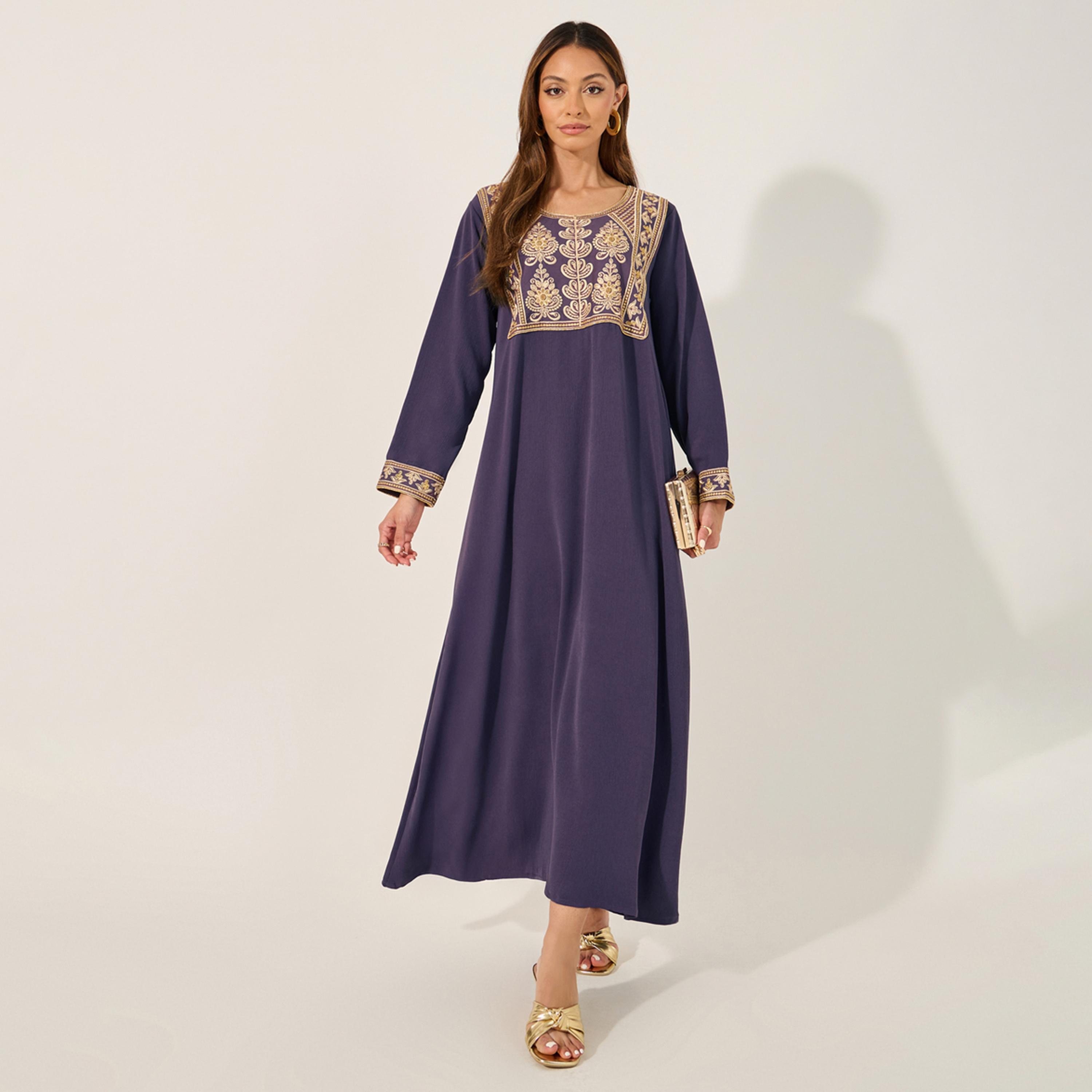 ستايلي - جلابية مطرزة مع قصة A ورقبة دائرية-women-arabicclothing-jalabiyas-image-1