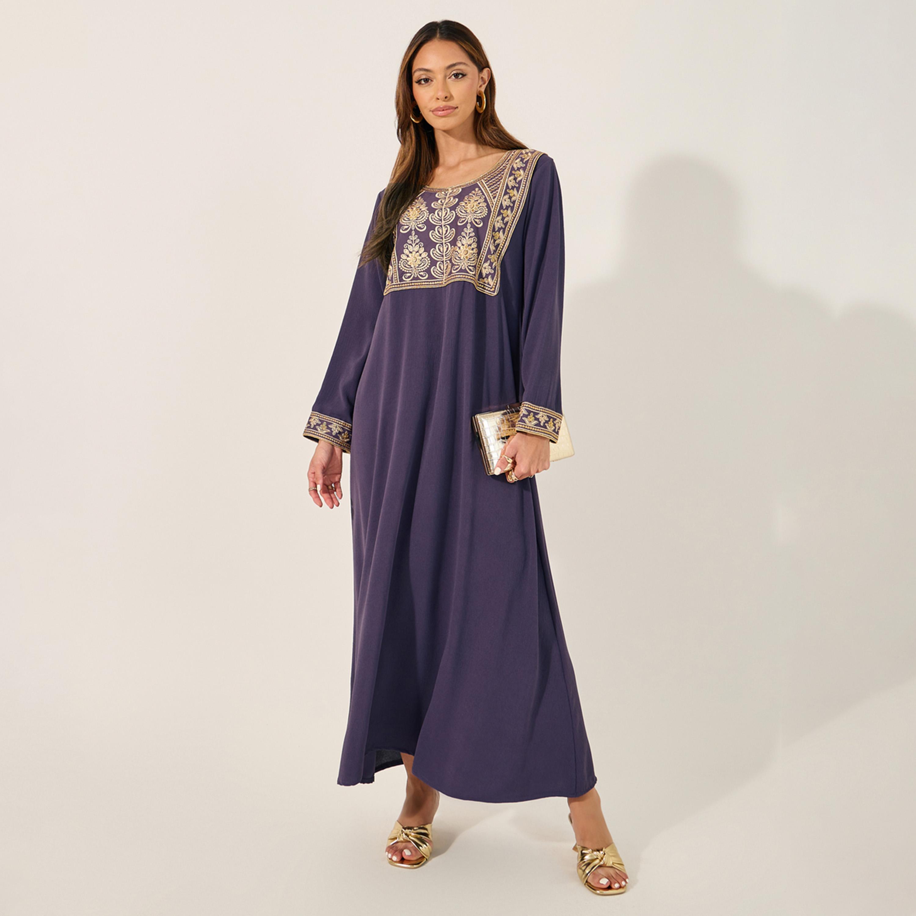ستايلي - جلابية مطرزة مع قصة A ورقبة دائرية-women-arabicclothing-jalabiyas-image-2