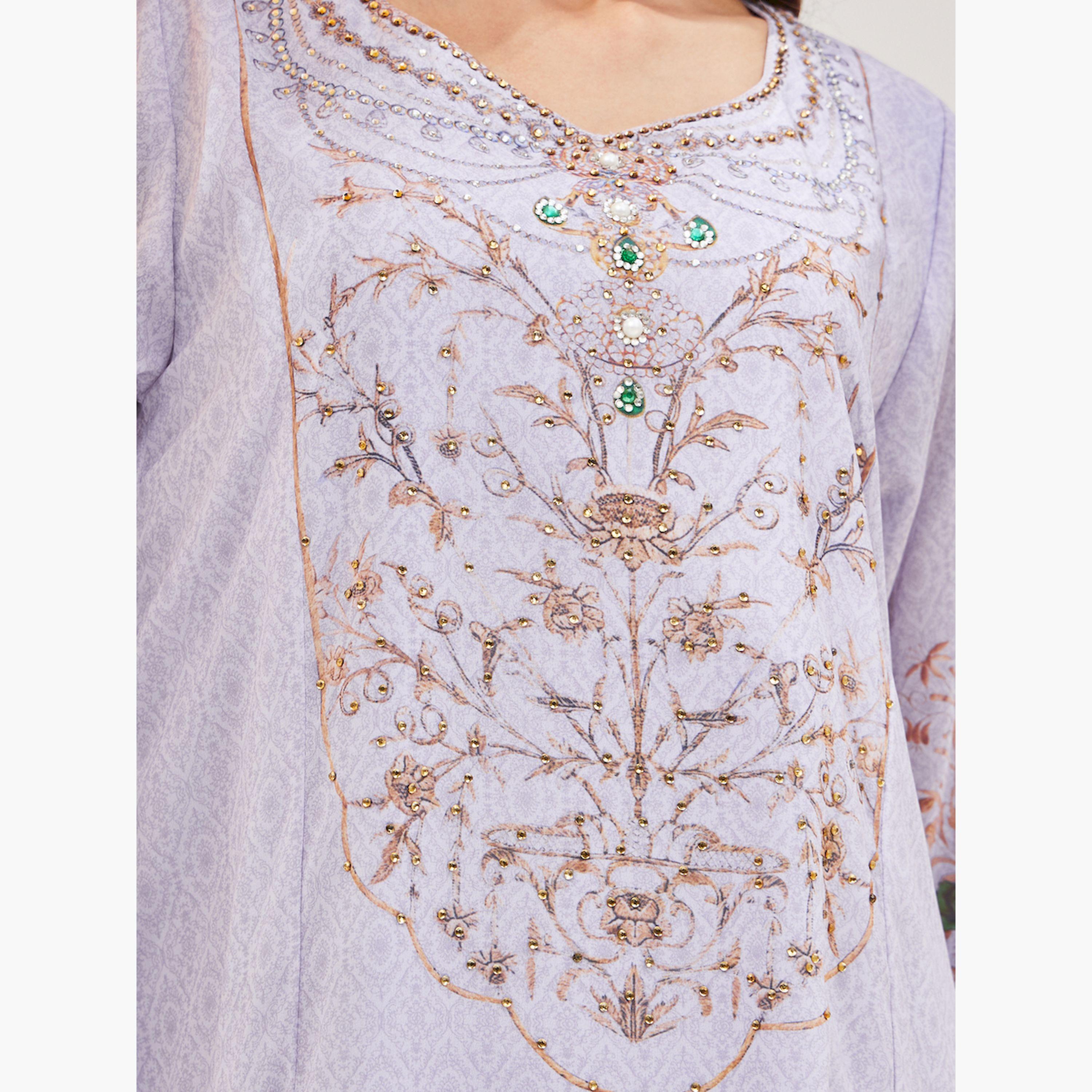 ستايلي - جلابية بأكمام قصيرة مطبوعة ومزينة-women-arabicclothing-jalabiyas-image-4
