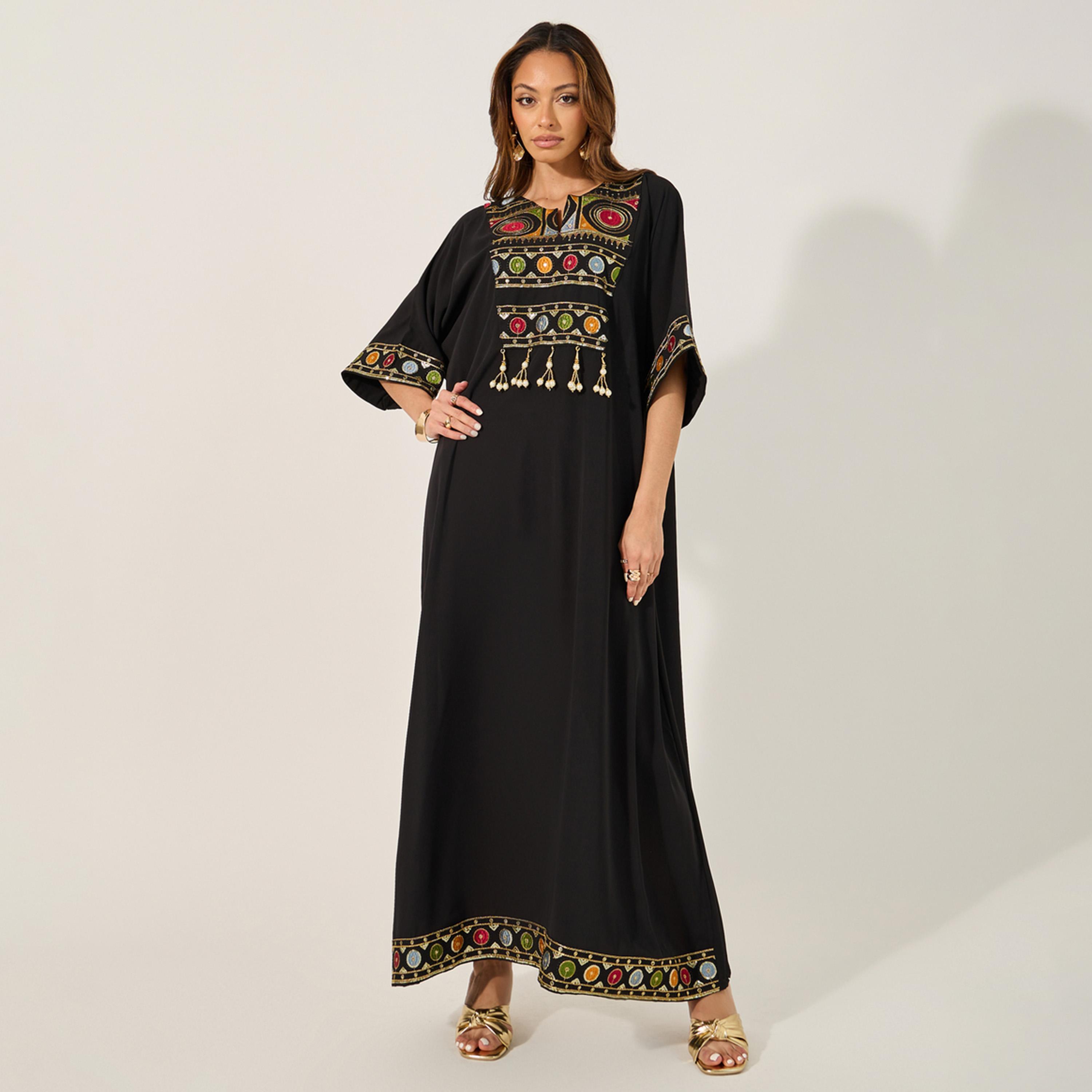 أميرة x ستايلي جلابية مُطرّزة بياقة نوتش وشراشيب-women-arabicclothing-jalabiyas-image-1