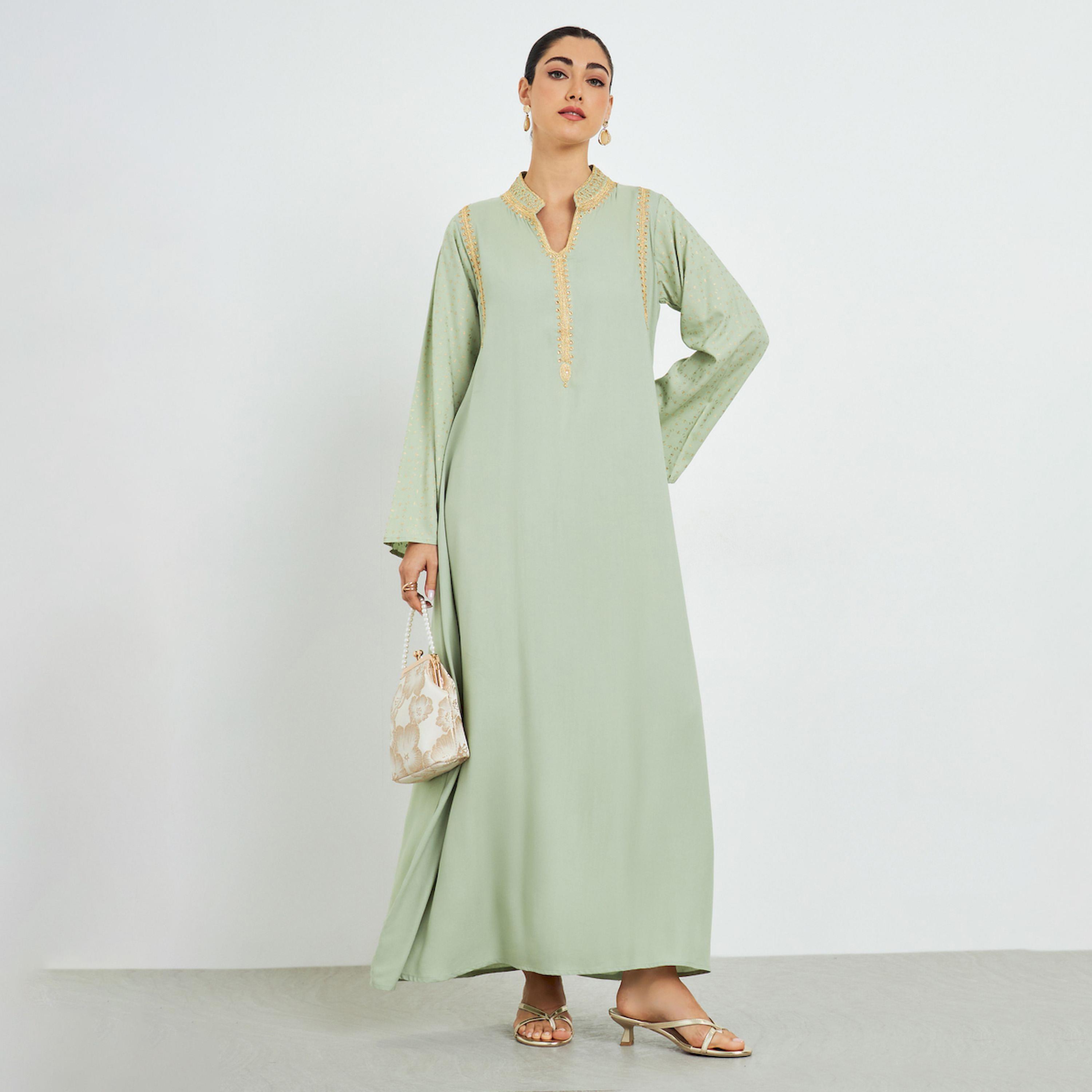 Styli Green Embroidered A-Line Jalabiya-women-arabicclothing-jalabiyas-image-1