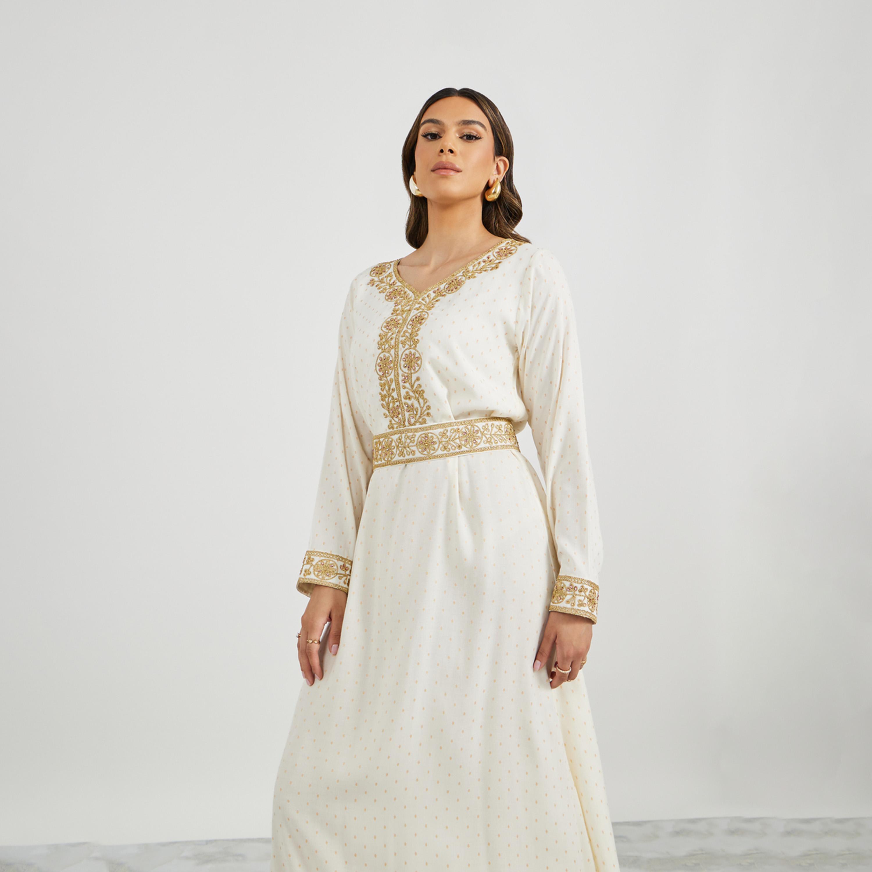 Styli Jacquard Embroidered A-Line Belted Jalabiya-women-arabicclothing-jalabiyas-image-5