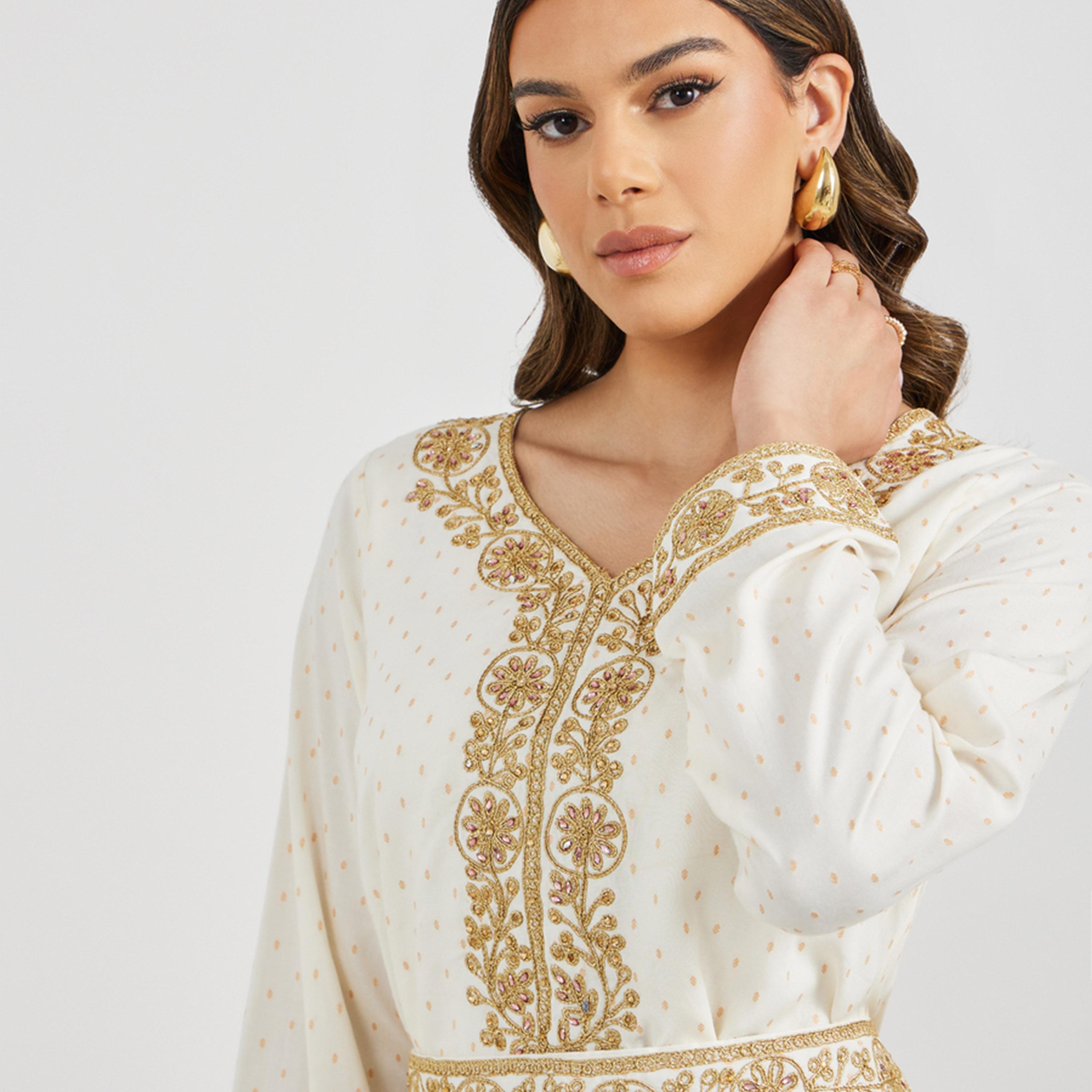 Styli Jacquard Embroidered A-Line Belted Jalabiya-women-arabicclothing-jalabiyas-image-6