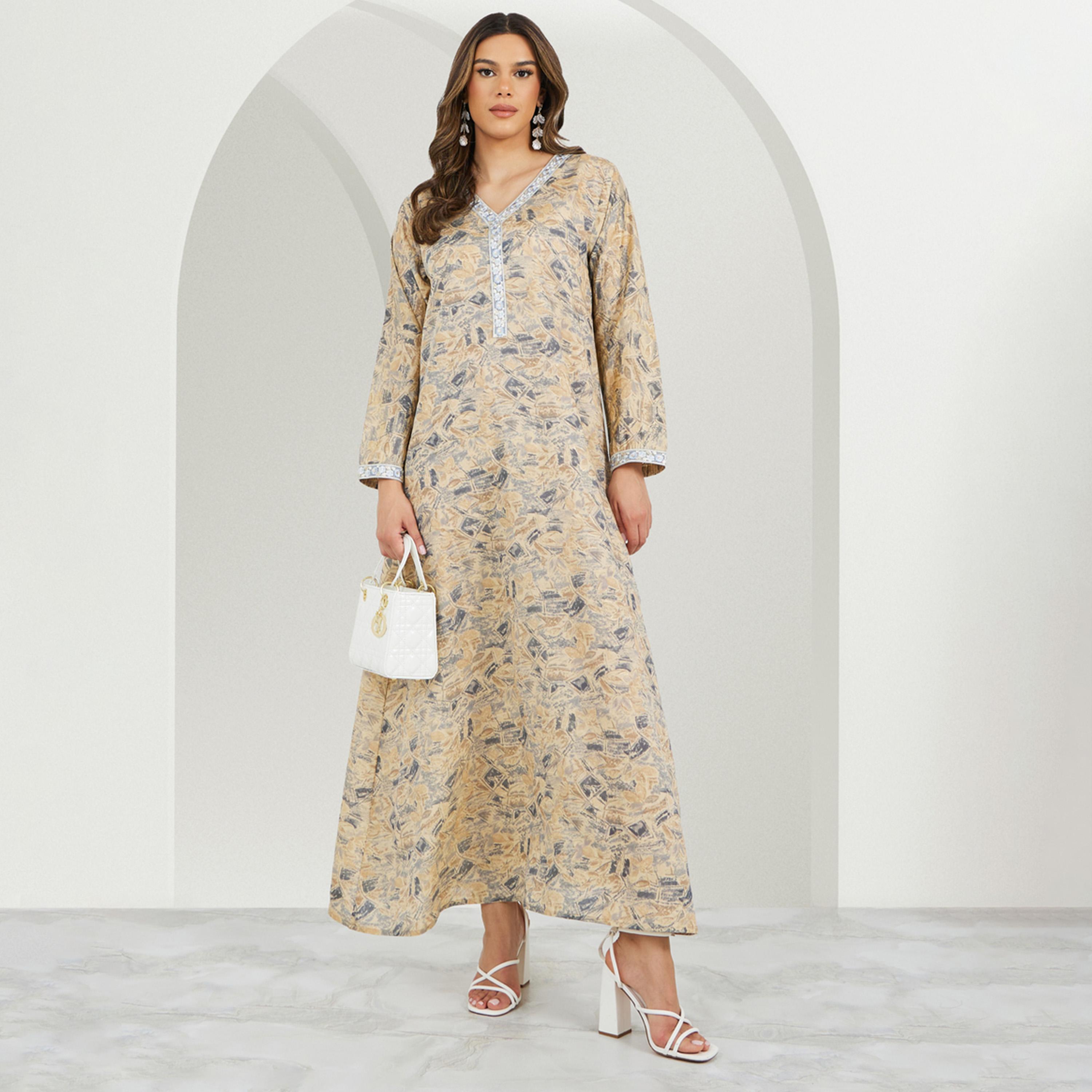 ستايلي - جلابية مطبوعة بالكامل مع تفاصيل دانتيل ورقبة على شكل V وقصّة A-women-arabicclothing-jalabiyas-image-1