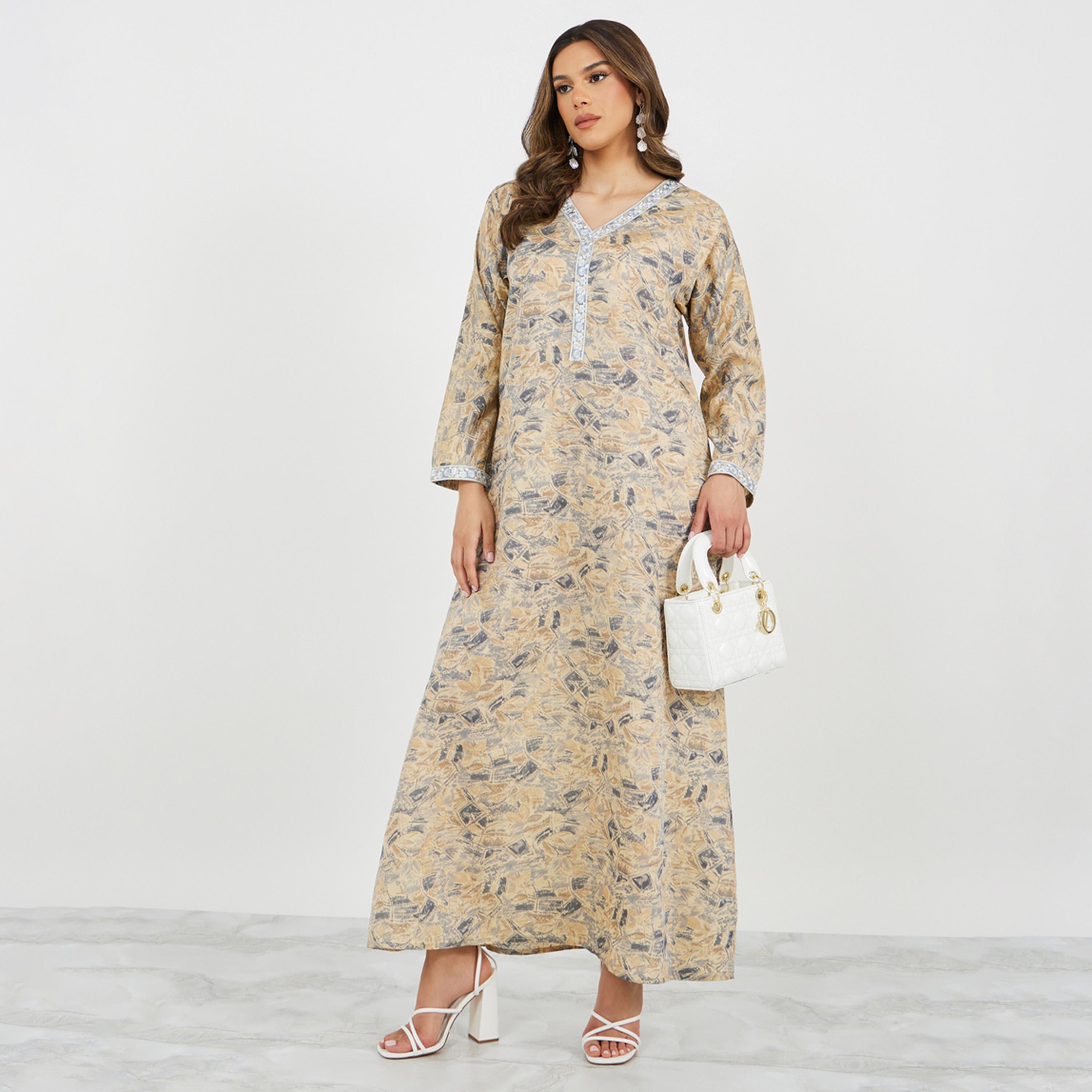 Styli All-Over Print Lace Detail V-Neck A-Line Jalabiya-women-arabicclothing-jalabiyas-image-2