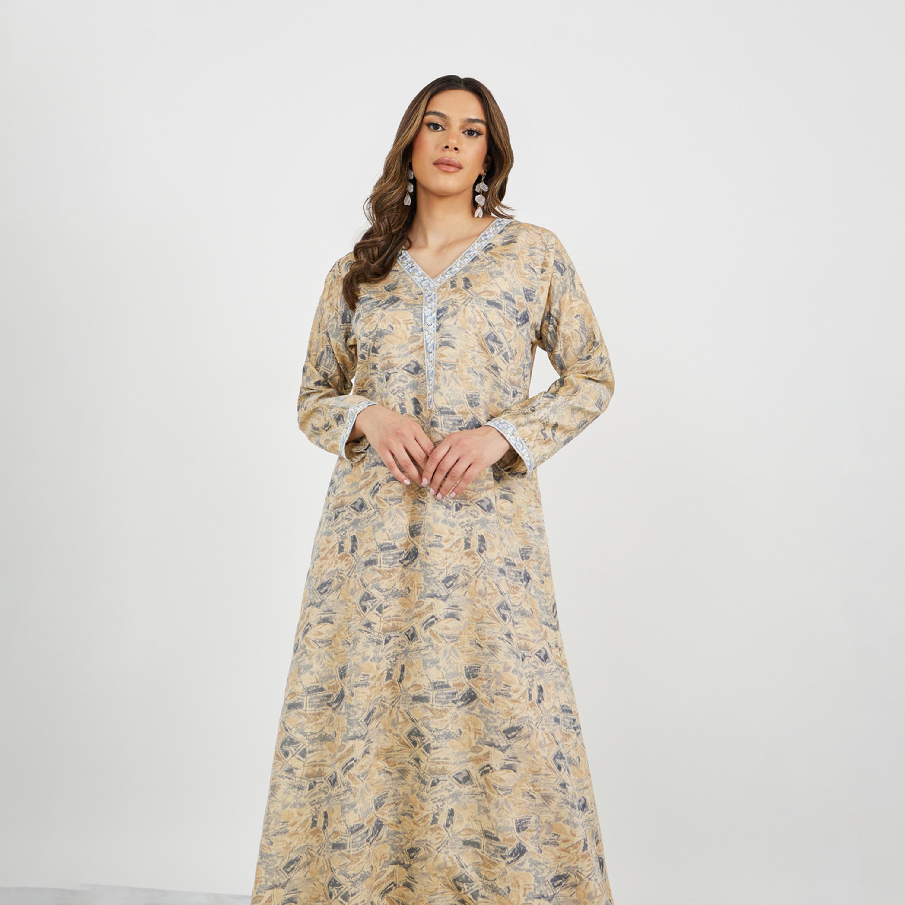 ستايلي - جلابية مطبوعة بالكامل مع تفاصيل دانتيل ورقبة على شكل V وقصّة A-women-arabicclothing-jalabiyas-image-3