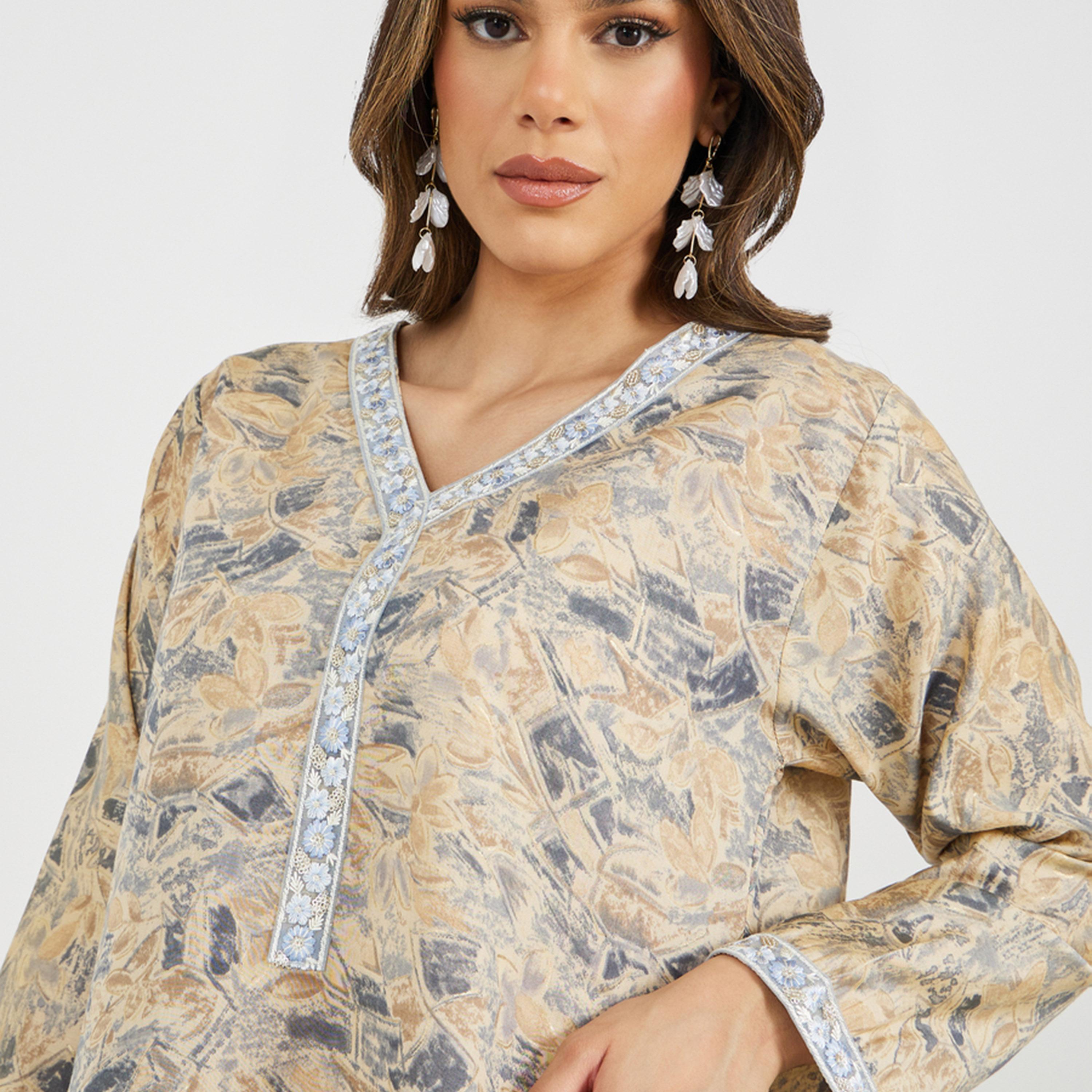 ستايلي - جلابية مطبوعة بالكامل مع تفاصيل دانتيل ورقبة على شكل V وقصّة A-women-arabicclothing-jalabiyas-image-4