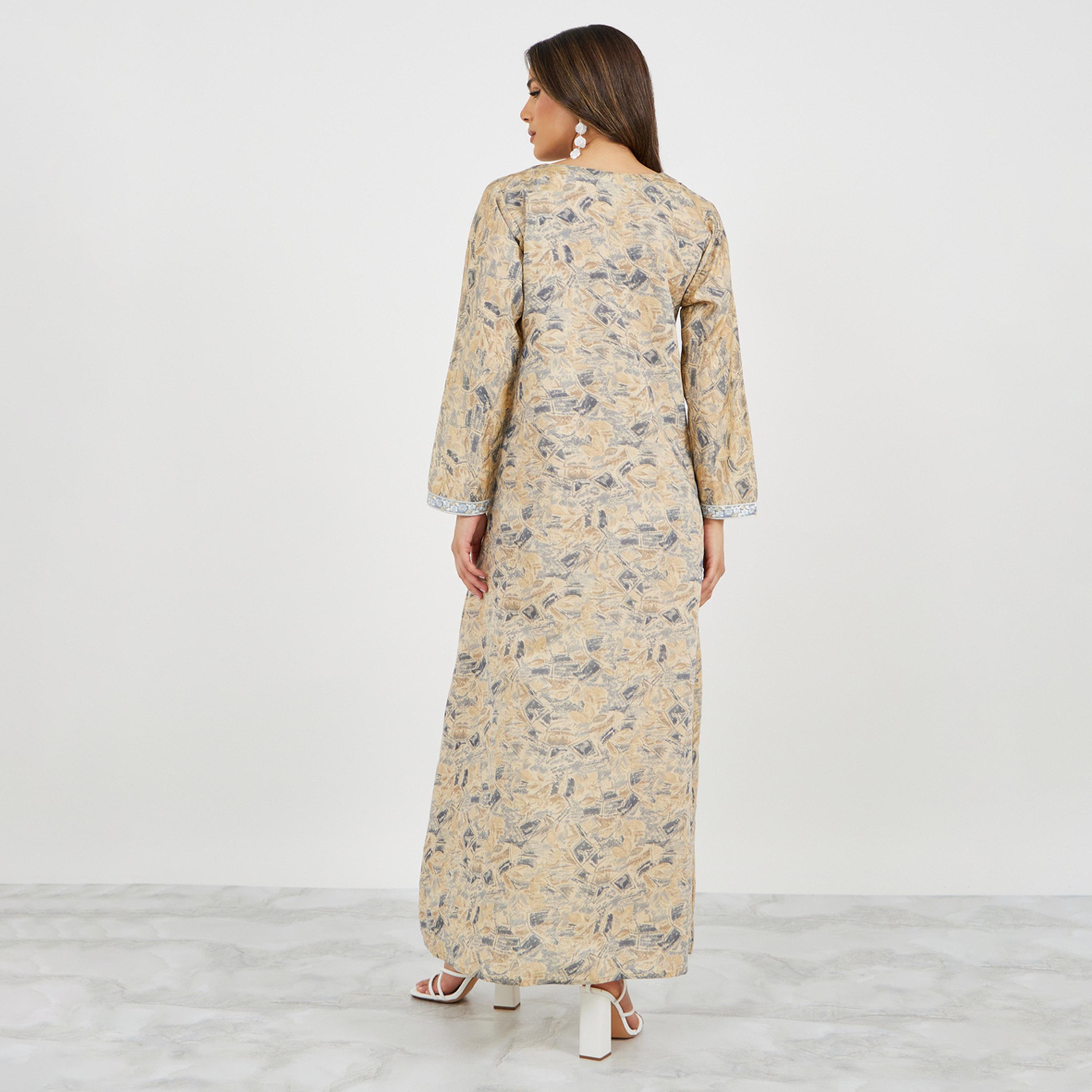 Styli All-Over Print Lace Detail V-Neck A-Line Jalabiya-women-arabicclothing-jalabiyas-image-6