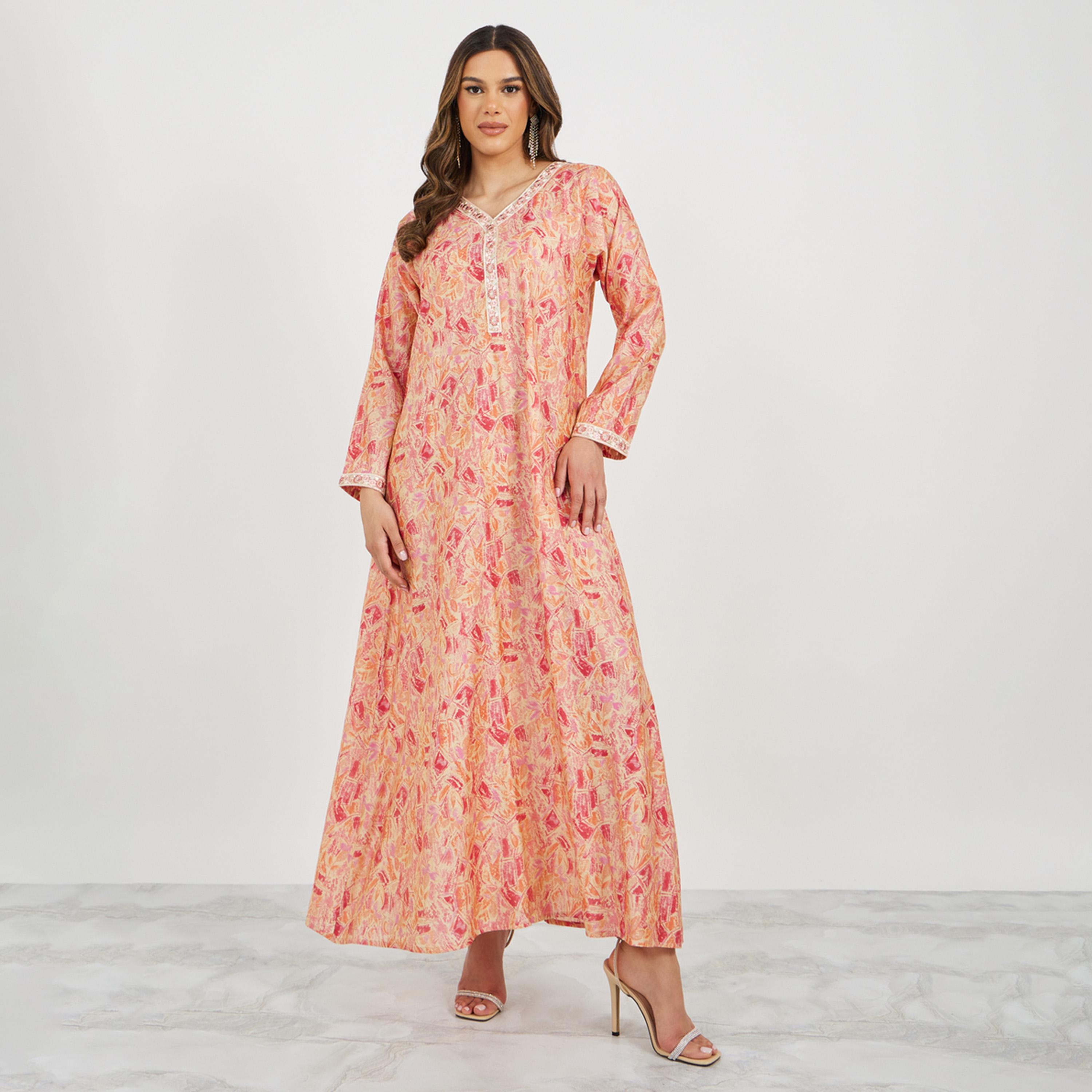 ستايلي - جلابية مطبوعة ومطرزة بفتحة رقبة على شكل حرف V وقصّة A-women-arabicclothing-jalabiyas-image-2
