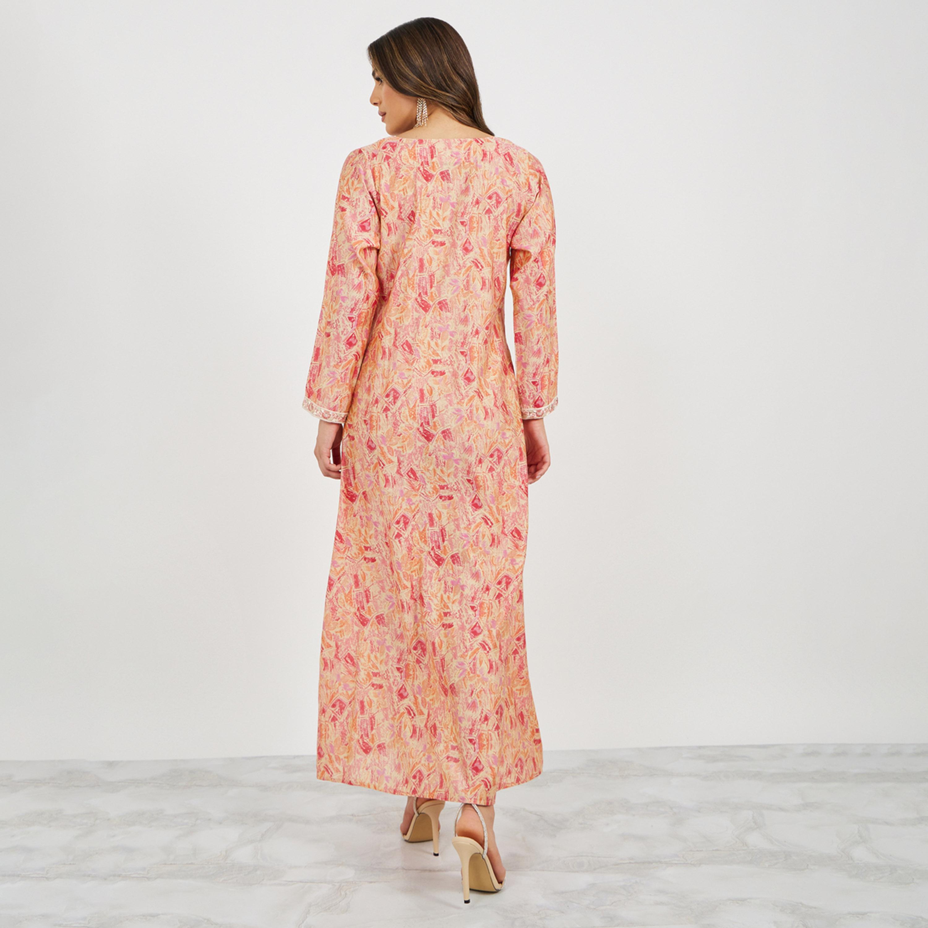 ستايلي - جلابية مطبوعة ومطرزة بفتحة رقبة على شكل حرف V وقصّة A-women-arabicclothing-jalabiyas-image-6