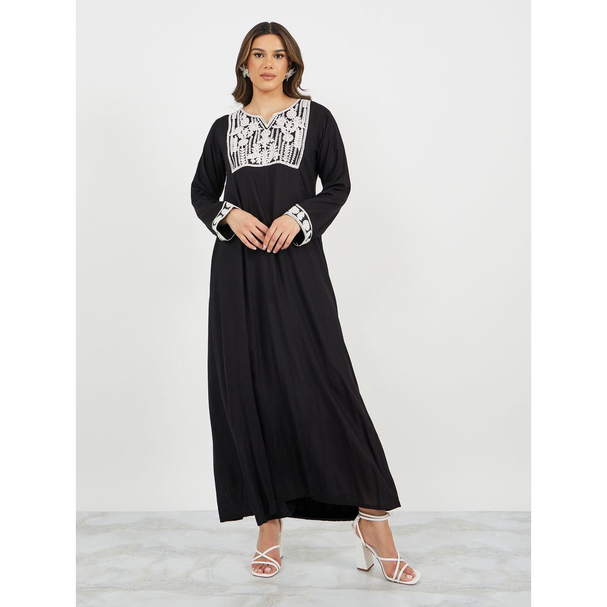 Embroidered Notch Neck A-Line Jalabiya-women-arabicclothing-jalabiyas-image-1