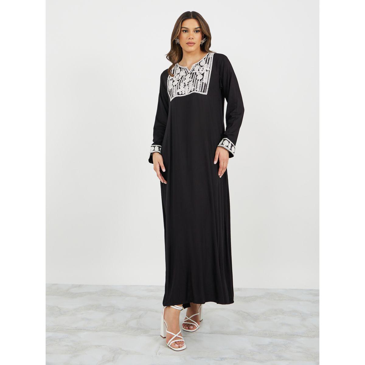 Embroidered Notch Neck A-Line Jalabiya-women-arabicclothing-jalabiyas-image-2
