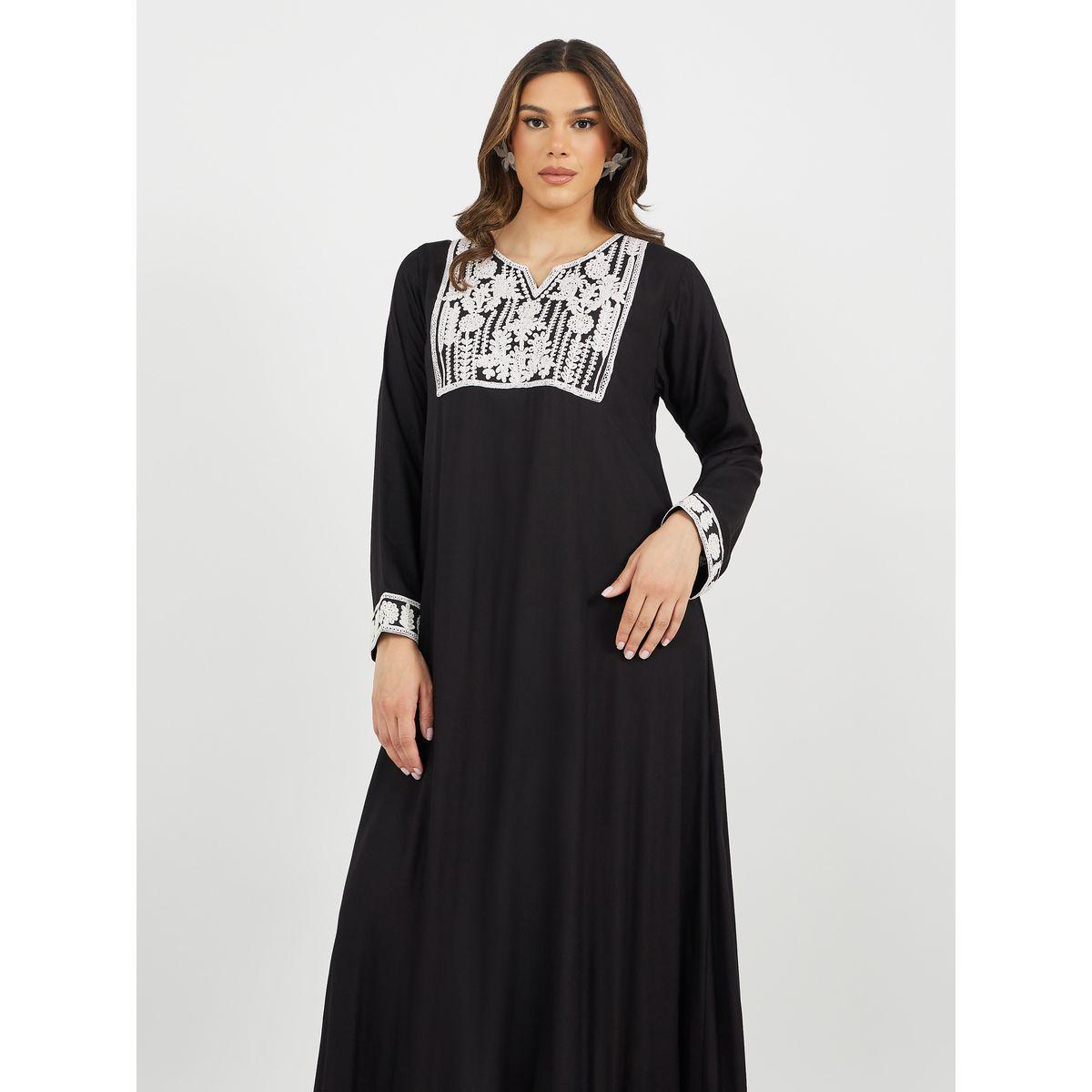 Embroidered Notch Neck A-Line Jalabiya-women-arabicclothing-jalabiyas-image-3