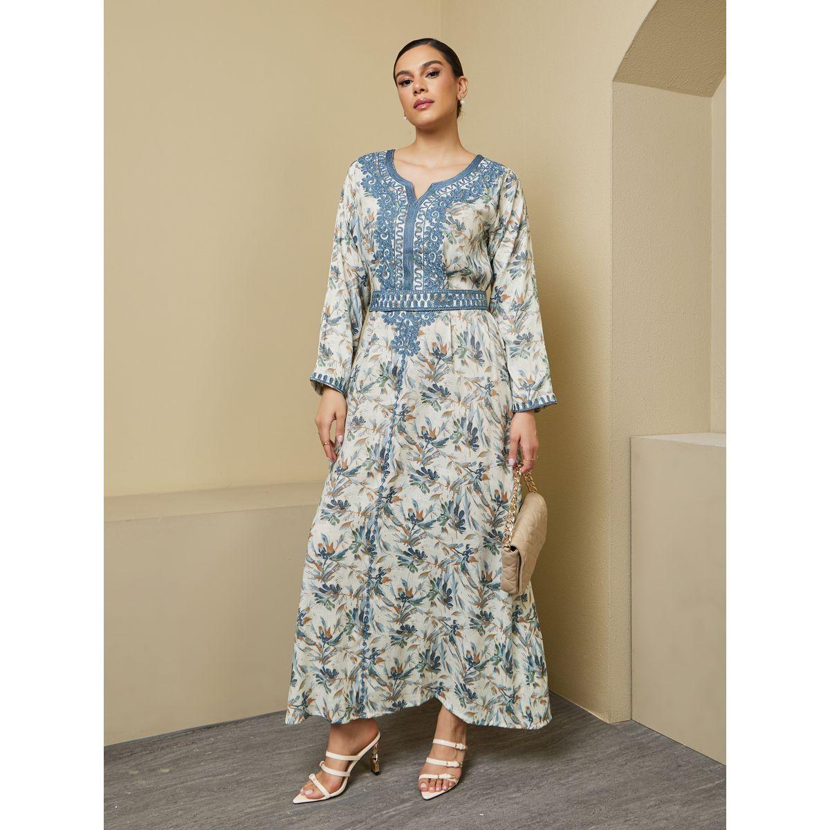 All-Over Floral Print Embroidered Kaftan with Waist Belt Detail-women-arabicclothing-kaftan-image-1