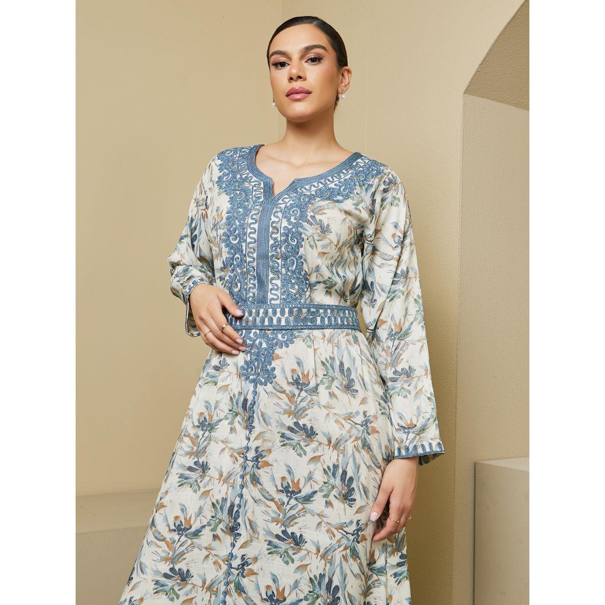 All-Over Floral Print Embroidered Kaftan with Waist Belt Detail-women-arabicclothing-kaftan-image-2