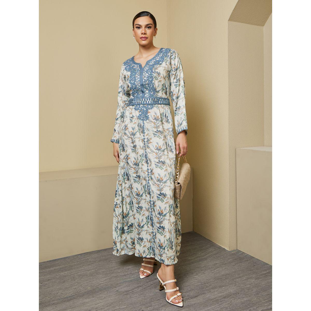 All-Over Floral Print Embroidered Kaftan with Waist Belt Detail-women-arabicclothing-kaftan-image-3