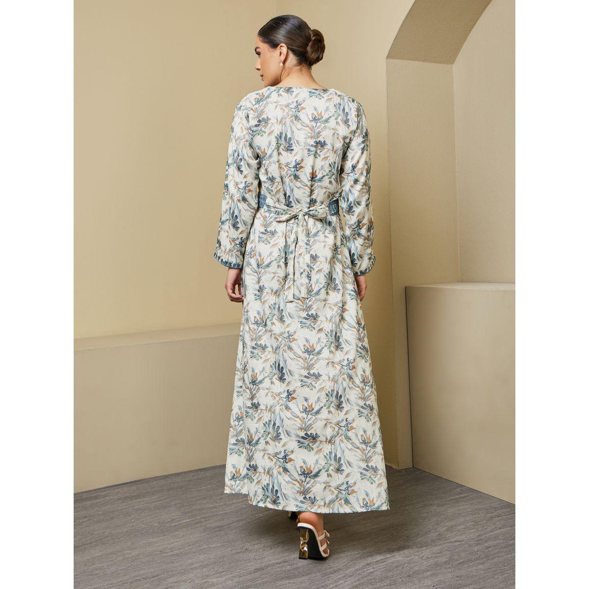 All-Over Floral Print Embroidered Kaftan with Waist Belt Detail-women-arabicclothing-kaftan-image-5
