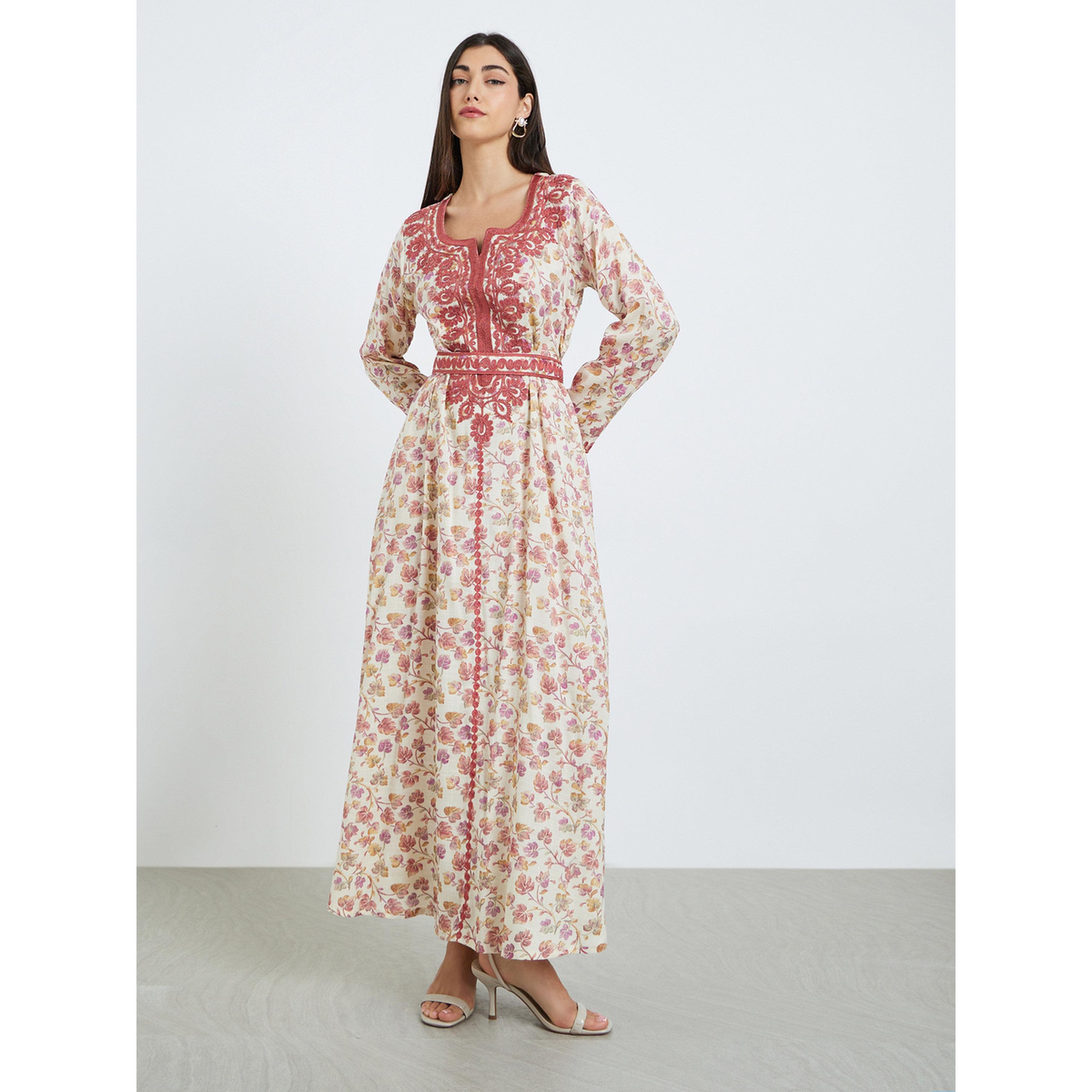 جلابية مطرزة بطبعة زهور وحزام-women-arabicclothing-jalabiyas-image-1