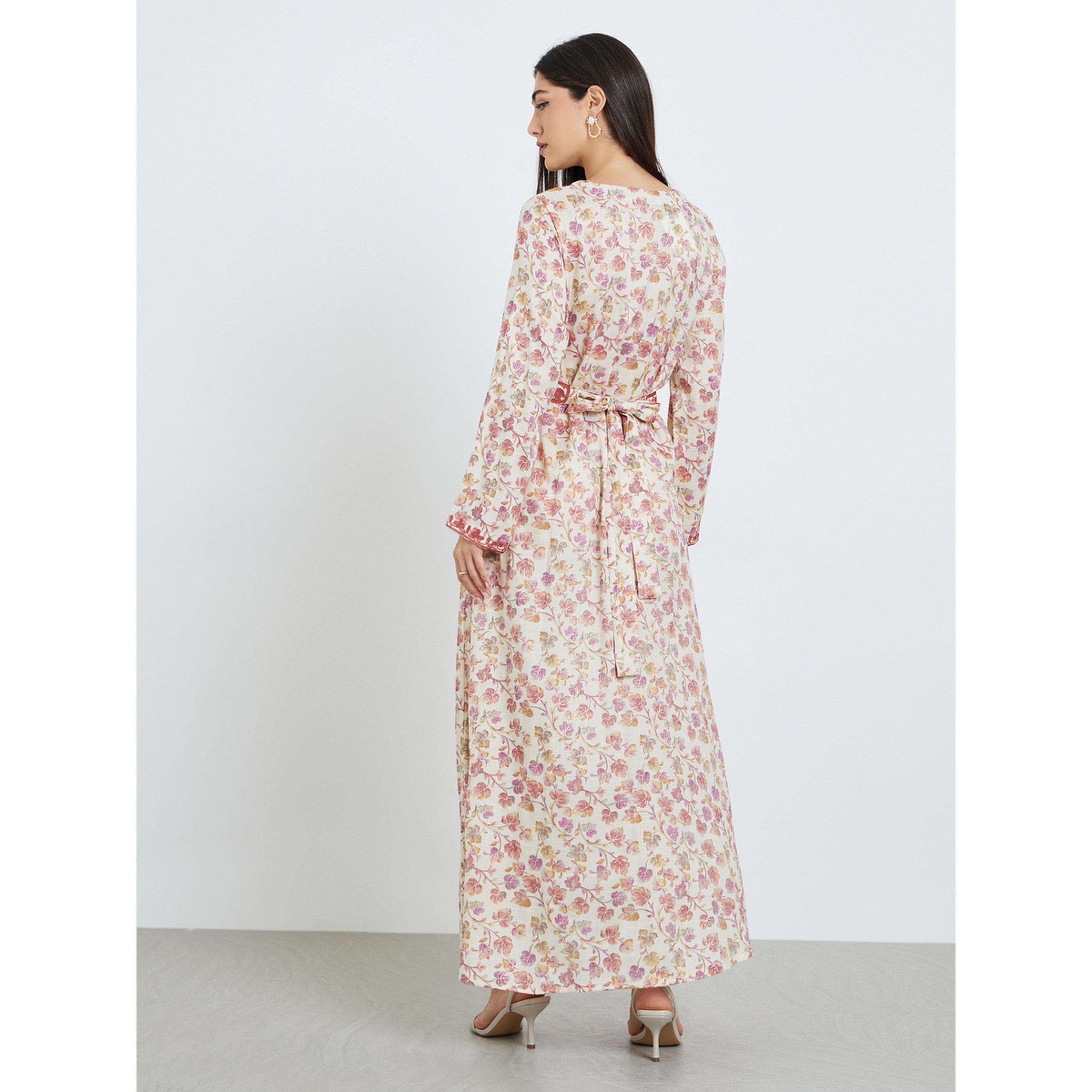 جلابية مطرزة بطبعة زهور وحزام-women-arabicclothing-jalabiyas-image-5