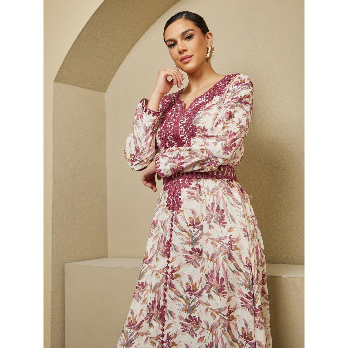 All-Over Floral Print Embroidered Kaftan with Waist Belt Detail-women-arabicclothing-kaftan-image-3