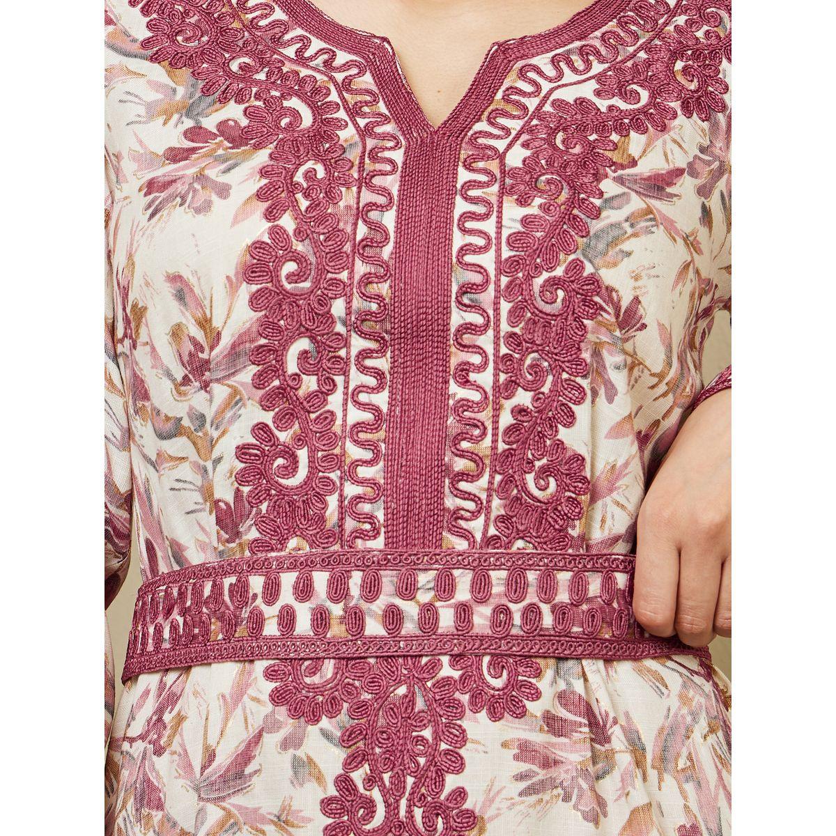 قفطان مطرز بطبعات الأزهار بالكامل مع تفاصيل حزام الخصر-women-arabicclothing-kaftan-image-4