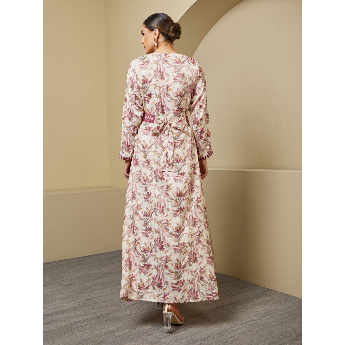 All-Over Floral Print Embroidered Kaftan with Waist Belt Detail-women-arabicclothing-kaftan-image-5